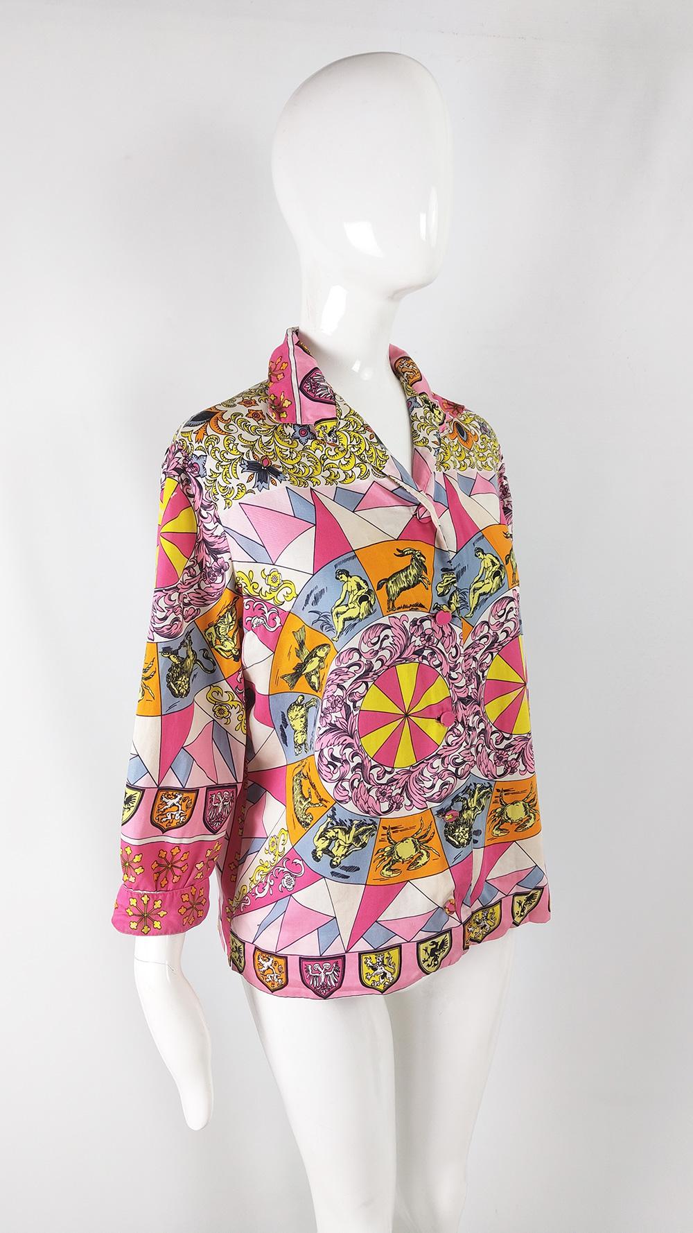 Women's Alan Lee Vintage 60s Horoscope Astrology Print Pink Shirt Blouse, 1960s