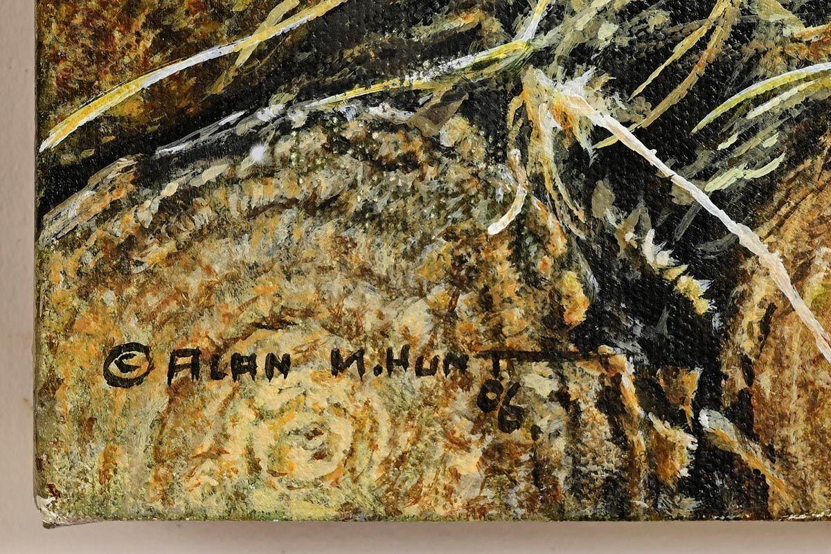 British Al;an M Hunt English Landscape Oil Painting on Canvas Wren Song Bird 2006 For Sale
