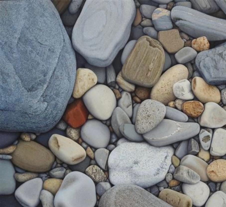 This is a large and wonderful painting by Alan Magee. “Stones with Red Brick” from 1982 is acrylic on canvas and painted in a  photo realism style. 