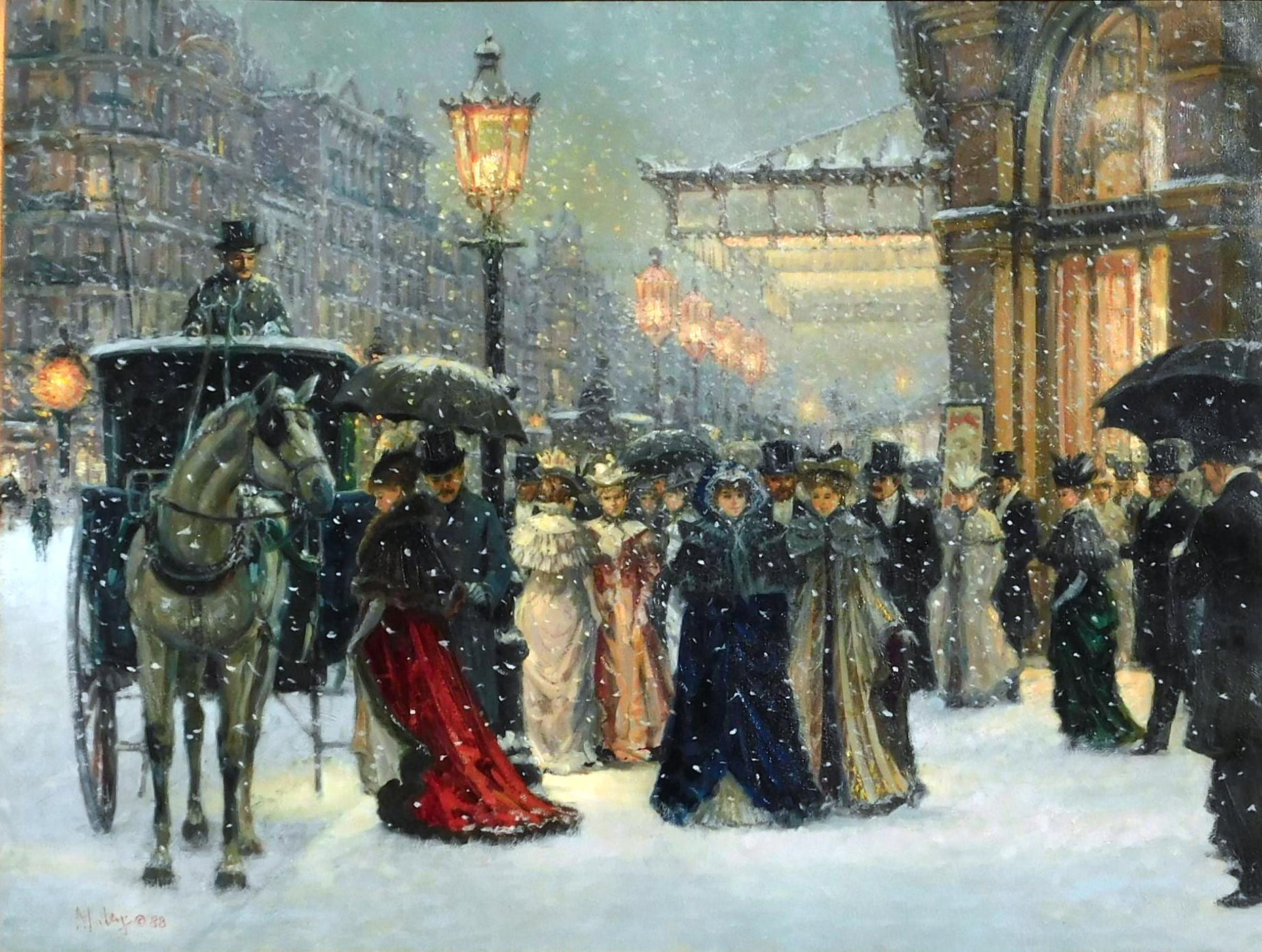 An elegant oil on canvas depicting the Victorian era in Paris by British-American artist Alan Maley (1931-1995).
The work is signed lower left and also signed, dated and titled on the verso. 
Created in 1988 and titled 