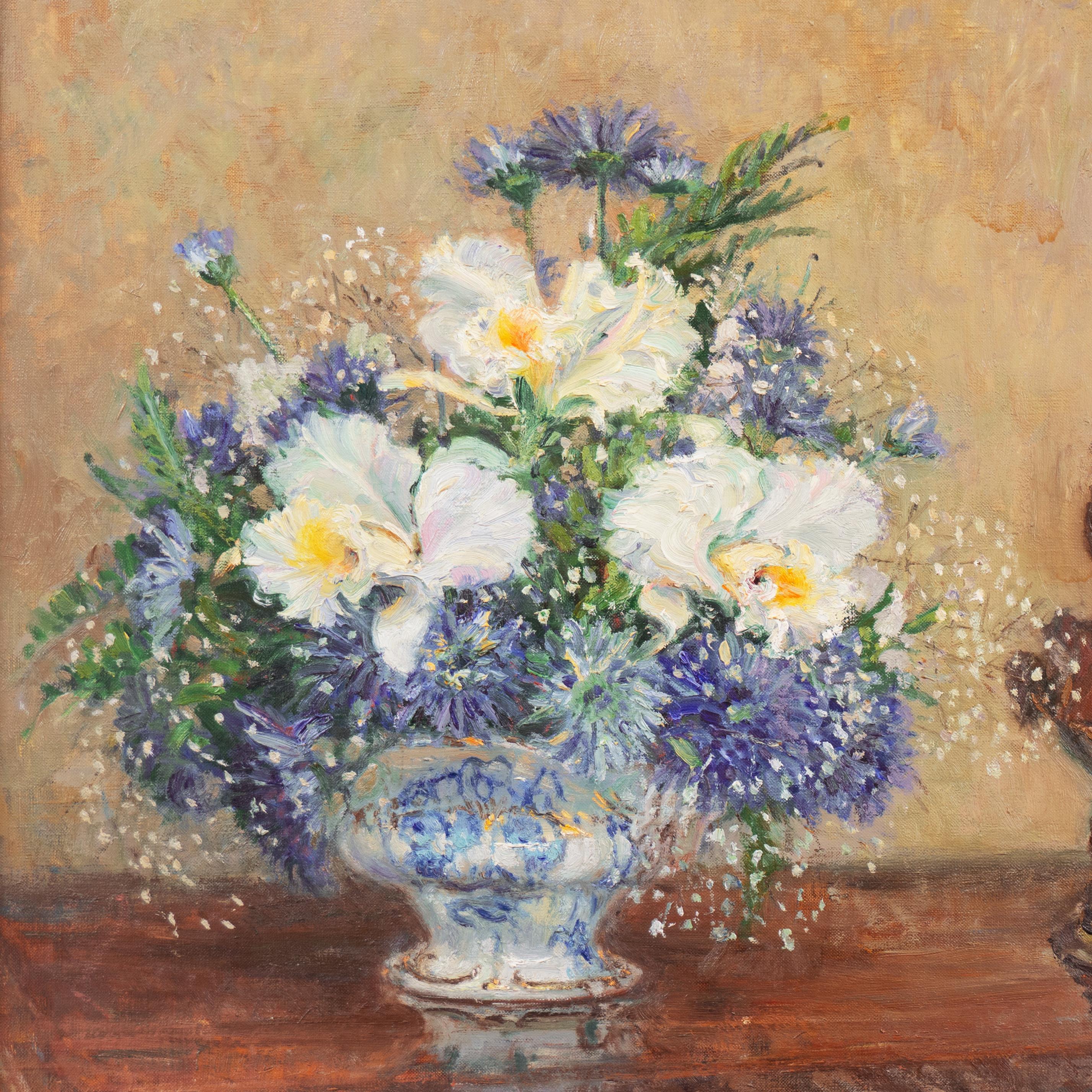 'Irises & Cornflowers', Impressionist Floral Still Life by Oscar Winning Artist  - Brown Still-Life Painting by Alan Maley
