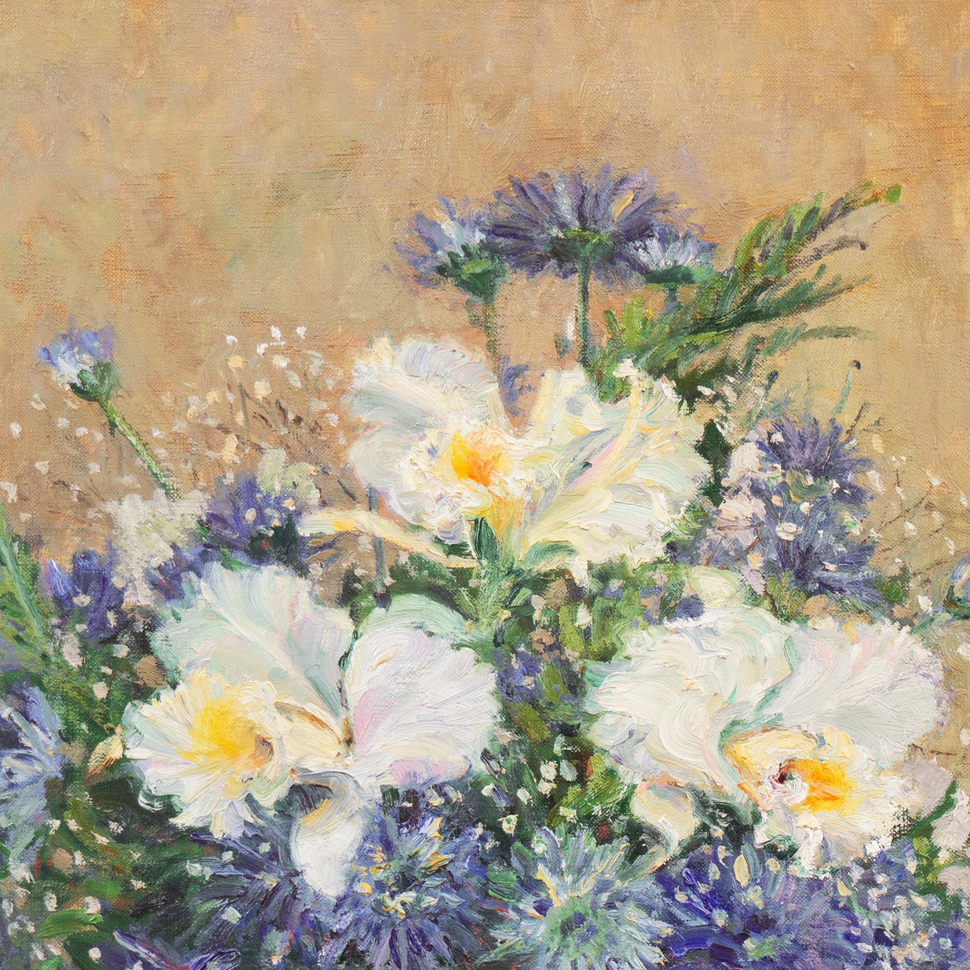 'Irises & Cornflowers', Impressionist Floral Still Life by Oscar Winning Artist  For Sale 1