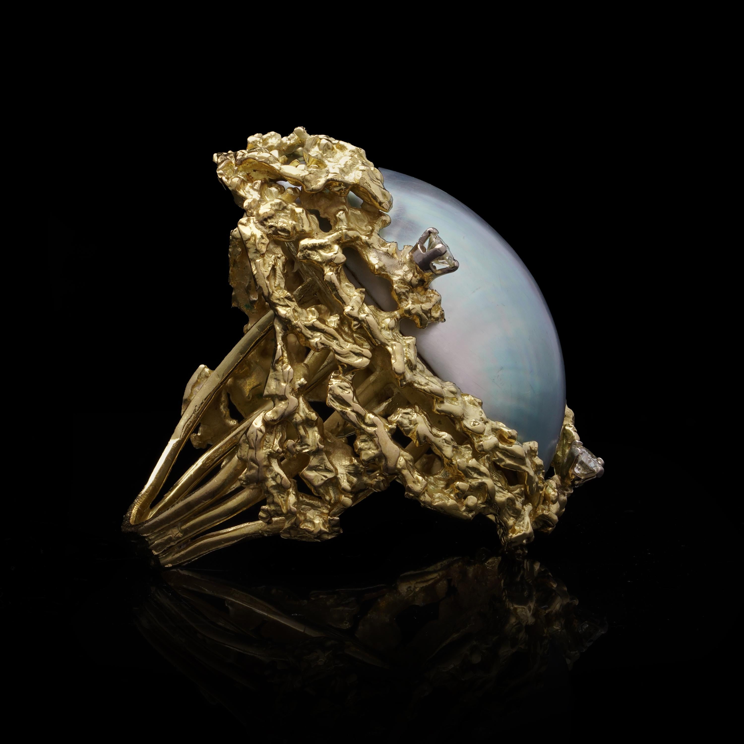 Alan Martin Gard Blister Pearl and Diamond Ring, 1966 In Excellent Condition For Sale In Braintree, GB