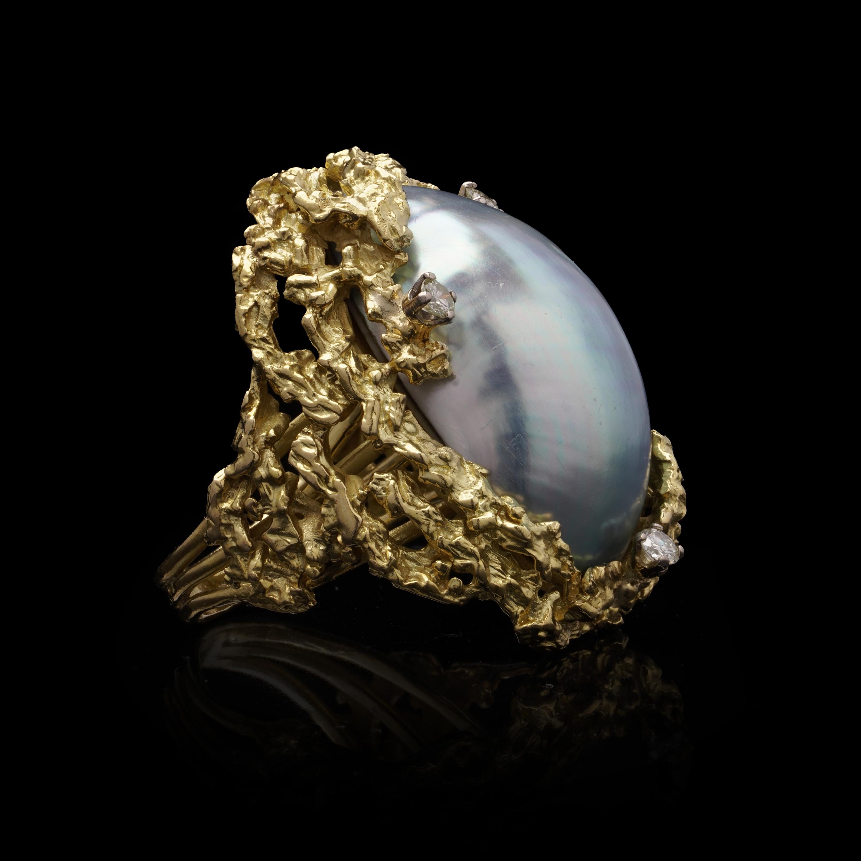 Alan Martin Gard Blister Pearl and Diamond Ring, 1966 For Sale 2