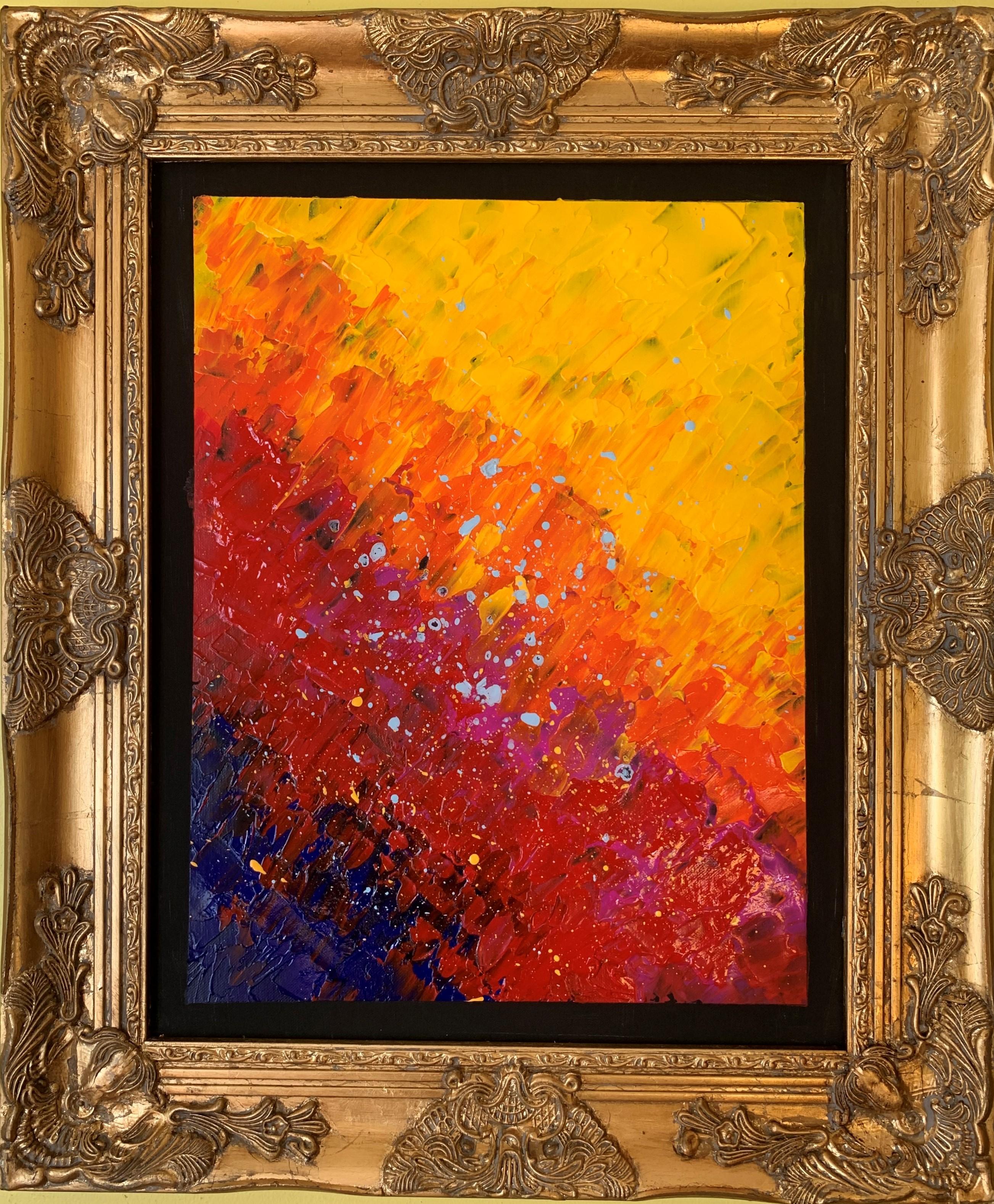 This is an expressive original acrylic painting on canvas in a fantasy abstract style by Alan Nolan (American Artist) Titled "Volcanic Eruption"  Bright colors make this painting very powerful.

Signed and dated on verso. 
Presented in an ornate
