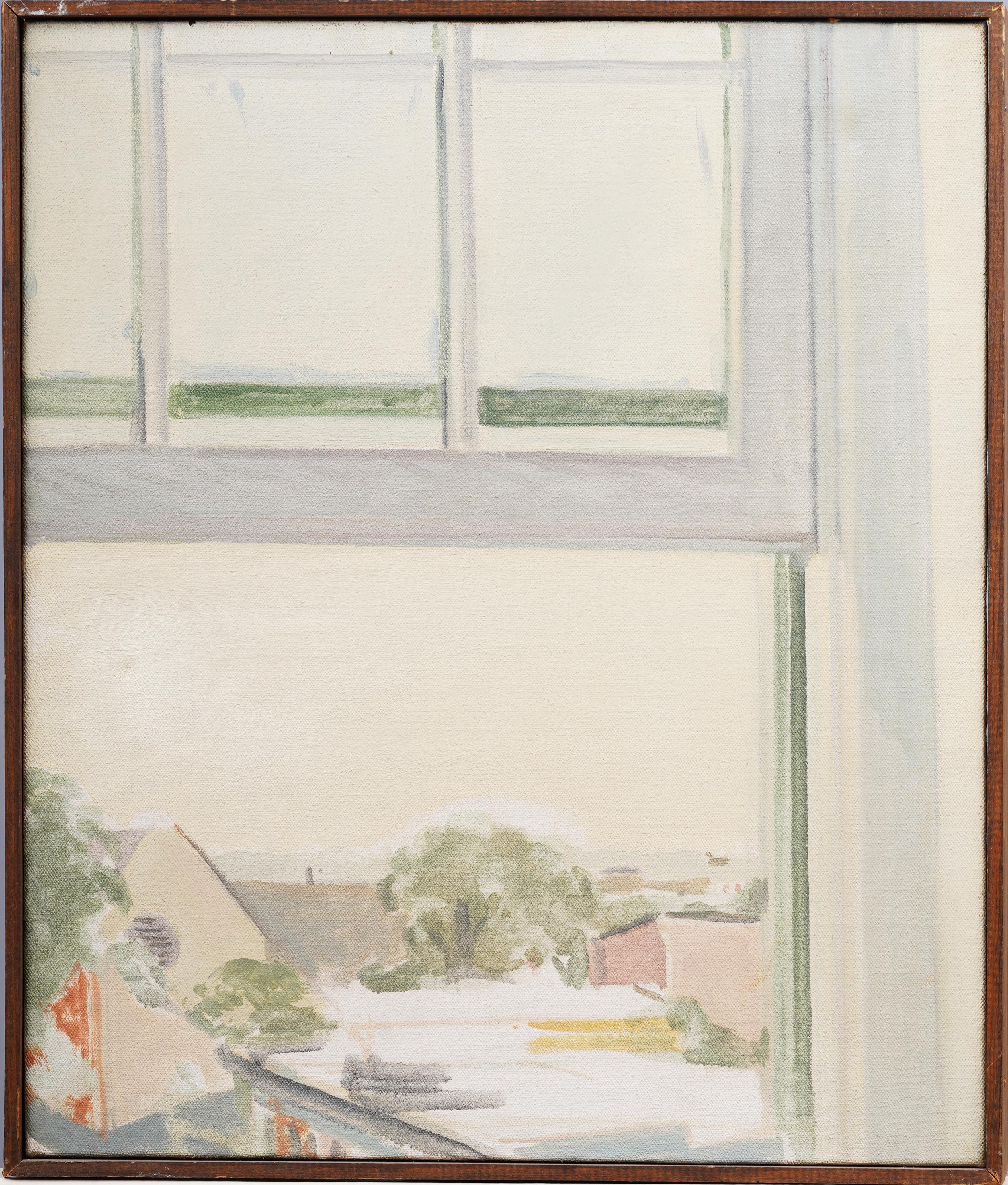Alan Peters Landscape Painting - Antique American Modernist Trompe L"Oeil Window Modernist City View Oil Painting