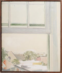 Antikes amerikanisches modernistisches Trompe-l'Oeil-Fenster-Ölgemälde, Modernistische Stadtansicht, Ölgemälde