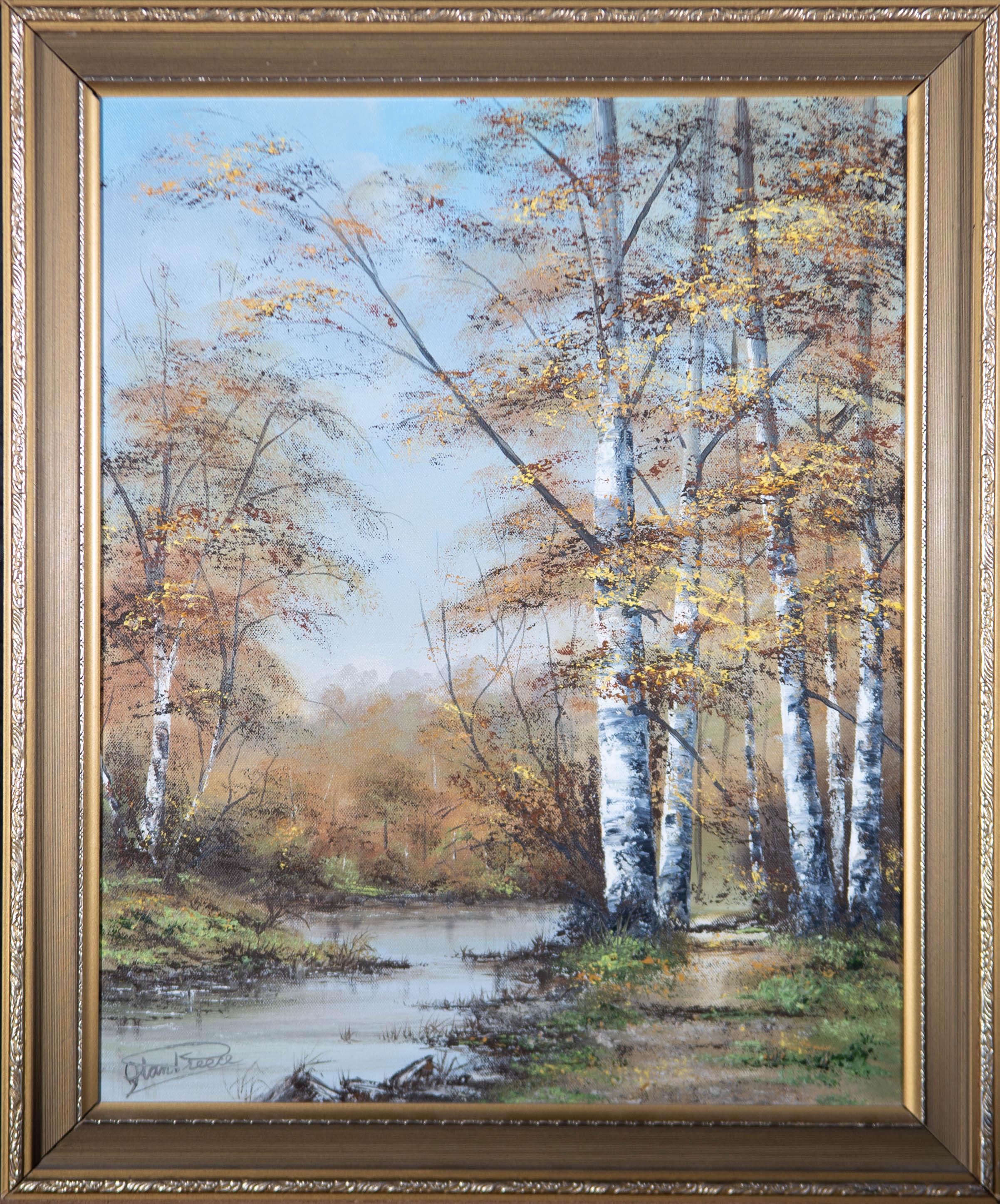 Un bel dipinto a olio di Alan Preece, che raffigura una veduta autunnale con alberi e un piccolo fiume. Firmato nell'angolo inferiore sinistro. Firma dell'artista e titolo iscritti sul retro. Ben presentato in una cornice ornata con effetto dorato.