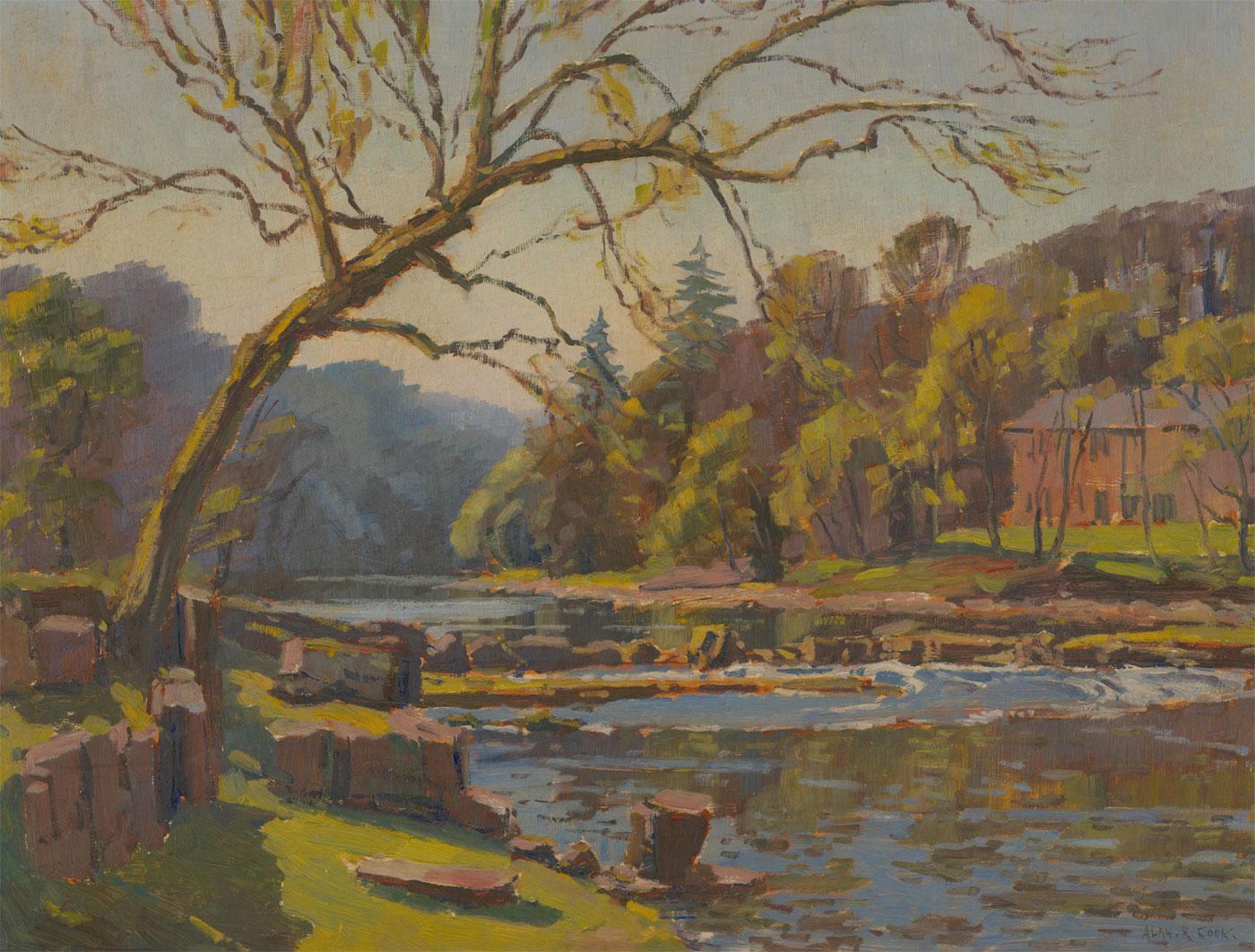 Alan Reid Cook RSMA (1920-1974) - Signed 20th Century Oil, Riverscape in Spring For Sale 1