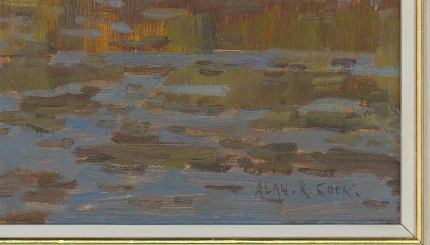 Alan Reid Cook RSMA (1920-1974) - Signed 20th Century Oil, Riverscape in Spring For Sale 2