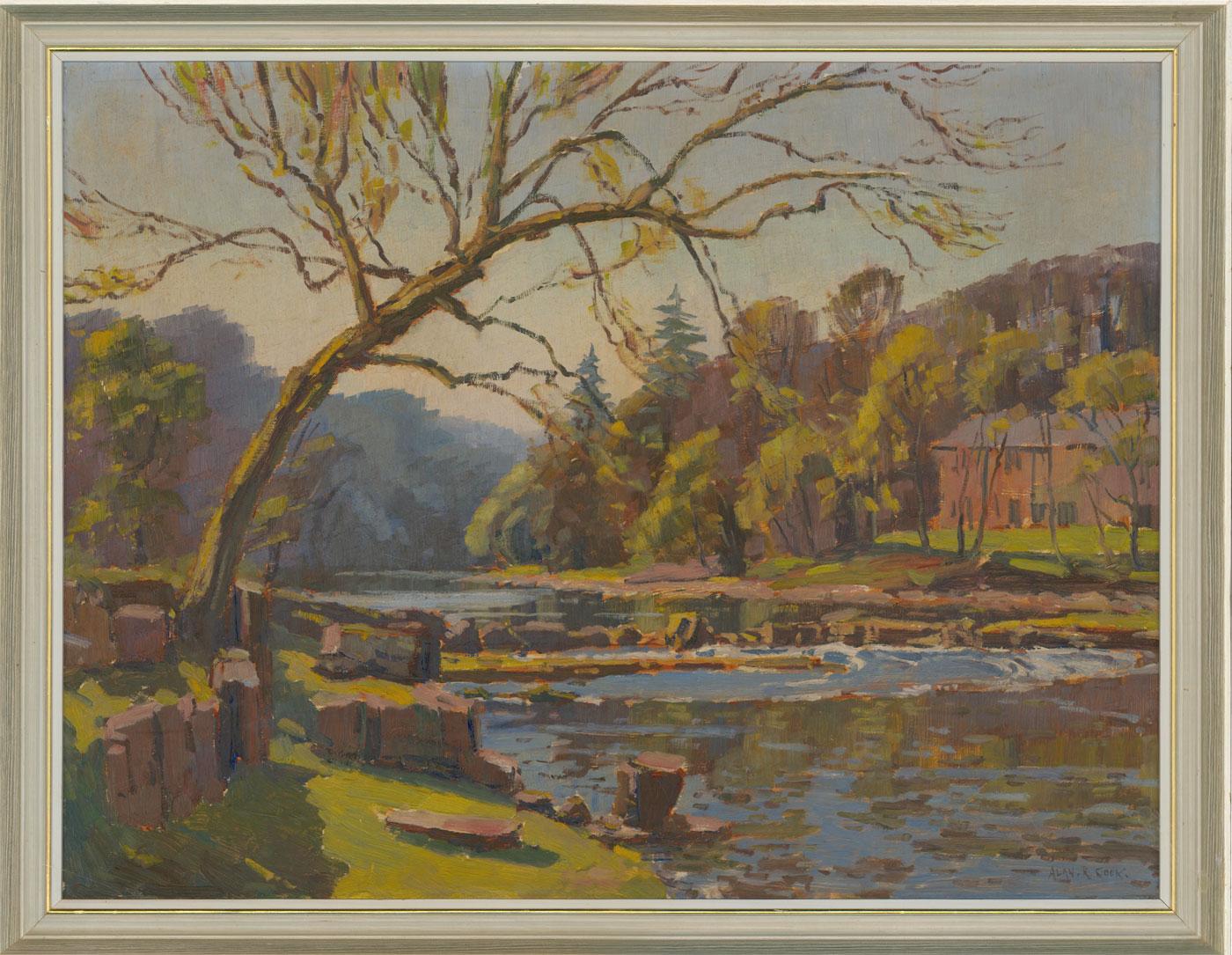An impressive riverscape study in oils by listed British artist Alan Reid Cook RSMA (1920-1974). The impressionistic brushstrokes and attention to form and tone is typical of Cook's expressive style. Well presented in a modern frame. Signed. On