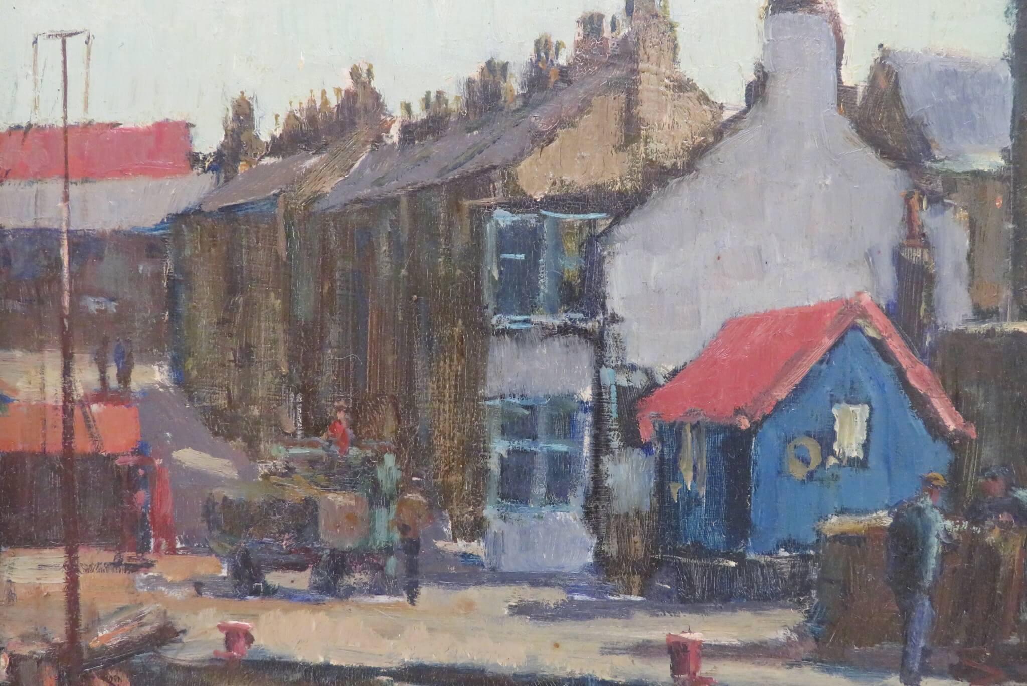 ARTIST: Alan Reid Cook RSMA PS (1920-1974) British
TITLE: “Street Scene” (North East England)
SIGNED: appears unsigned, later labels verso with assumed inscriptions on the original board behind the backing board
MEDIUM: oil on board
SIZE: 43cm x