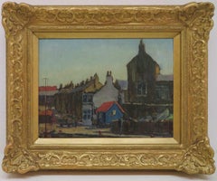 Peinture à l'huile originale d'une scène de rue d'Angleterre du Nord du milieu du siècle dernier par Alan Cook 