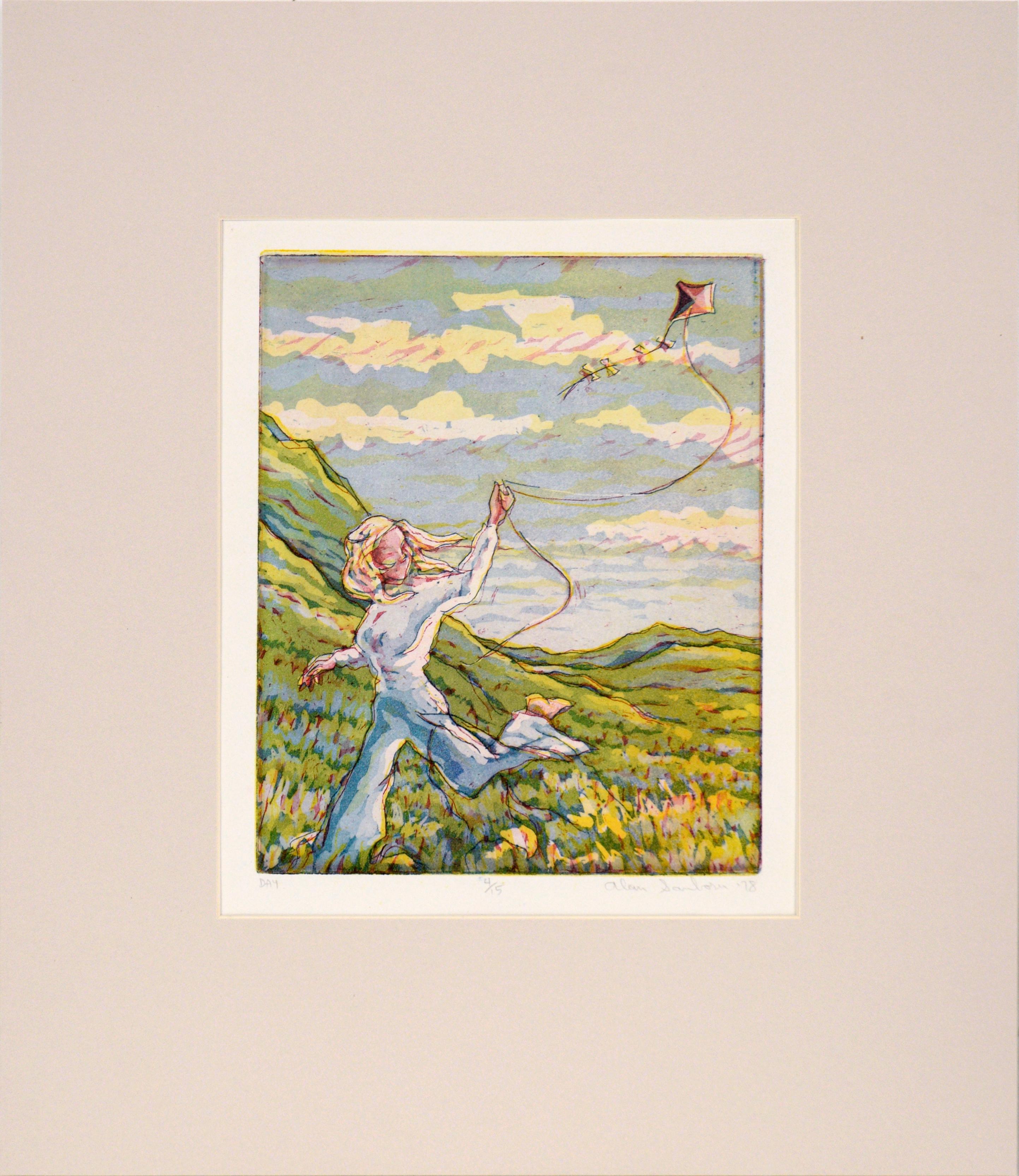 Alan Sanborn Landscape Print - Running Through the Field with a Kite - Multi Layer Etching on Paper