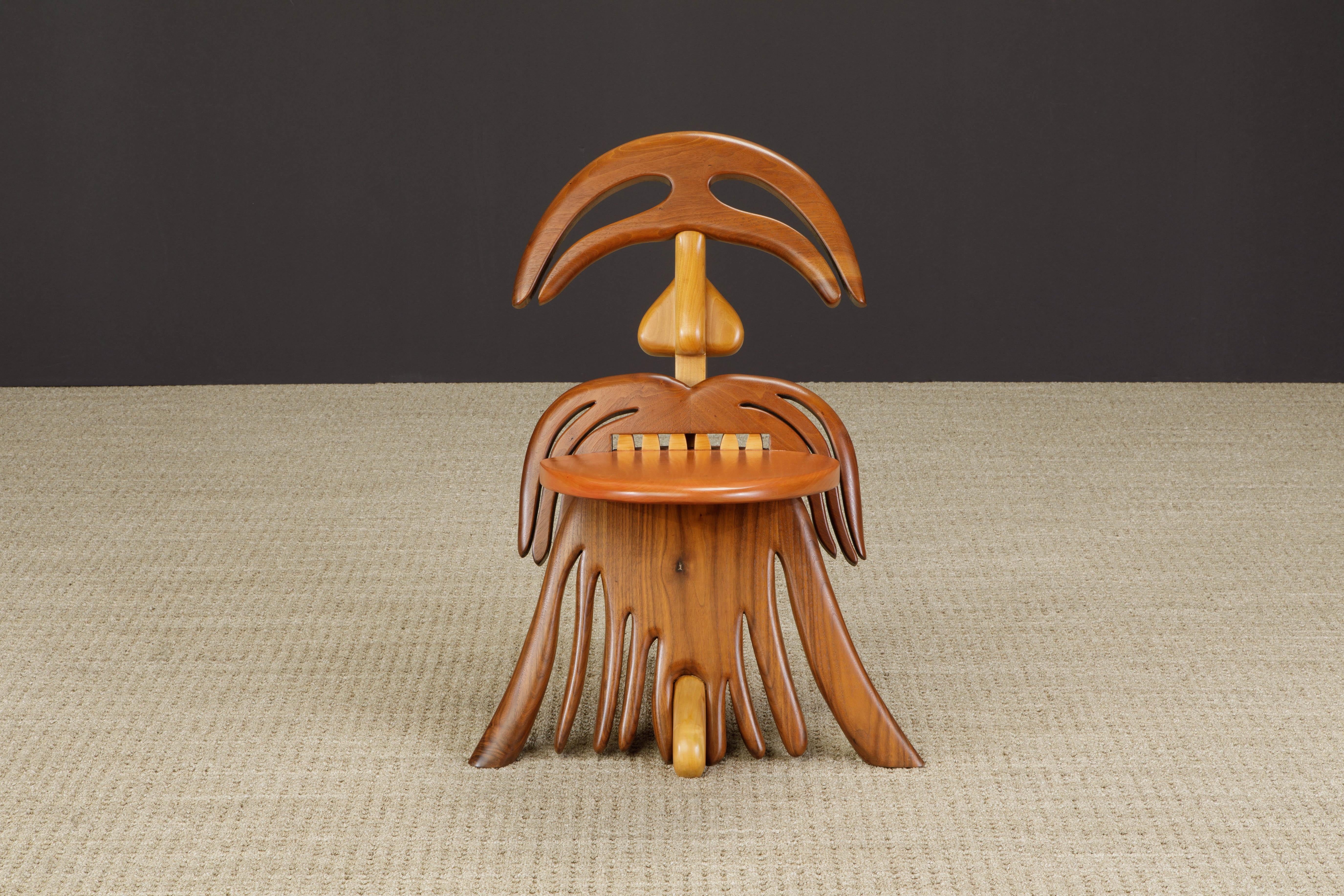 This work of Post-Modern functional art is called the 'Tongue' chair by artist and sculptor Alan Siegel, exhibited in 1981 at the Betsy Rosenfield Gallery in Chicago. Signed and dated (1981) by the artist underneath the seat. Carved from Maple and