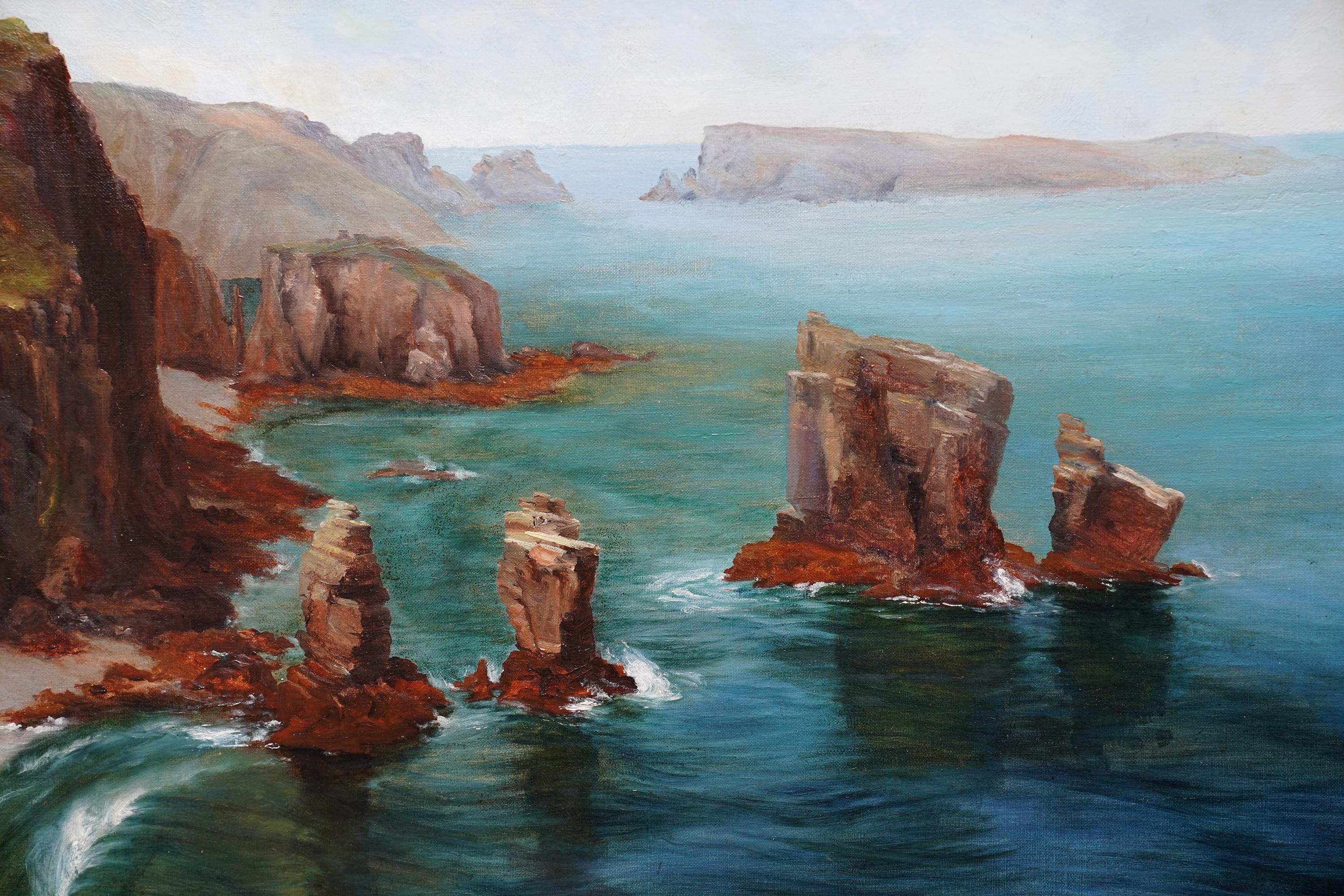 This atmospheric British Edwardian oil painting is by noted Welsh artist Alan Stepney Gulston. Painted circa 1910 it is a sunny Pembrokeshire coastal view from the high vantage point of the cliffs. Several rock stacks can be seen with waves crashing
