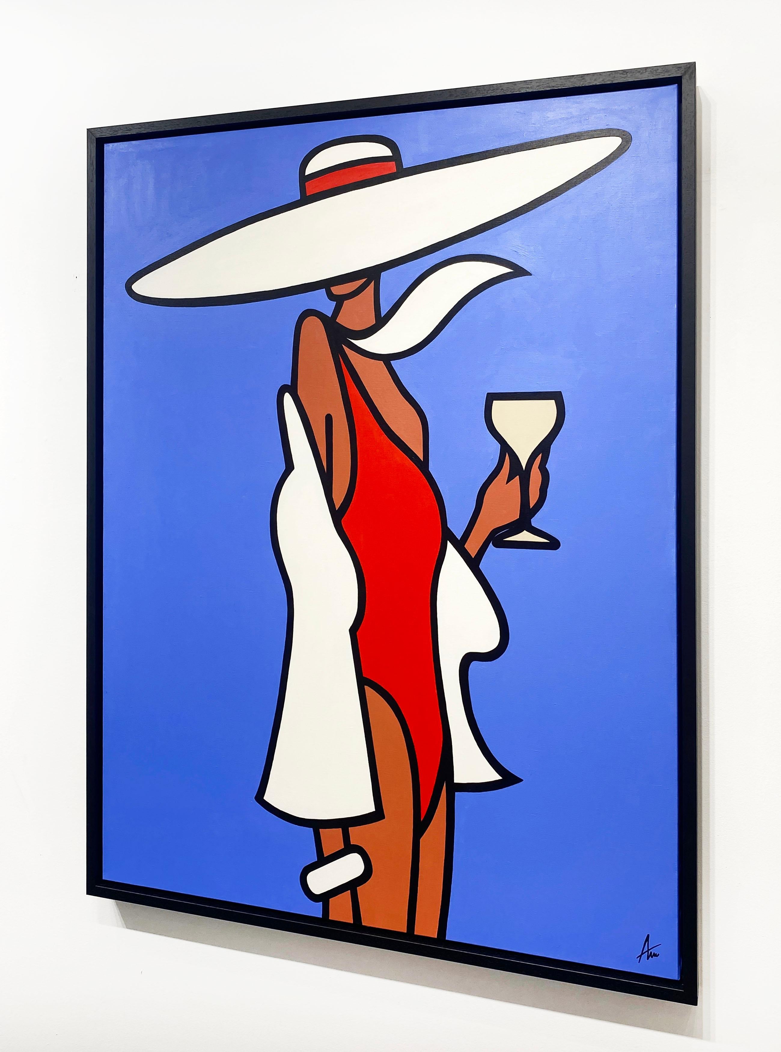 Vintage Champagne Poolside - Blue Figurative Painting by Alan Walsh