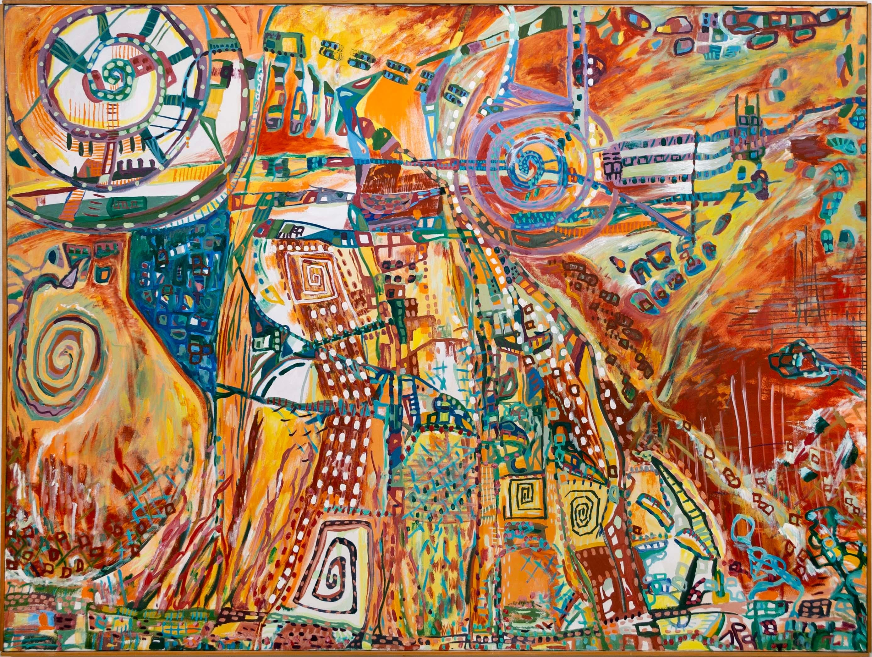 Americano Alan Watson Conflagrazione Surrealismo astratto Pittura a olio su tela con cornice 1986 in vendita