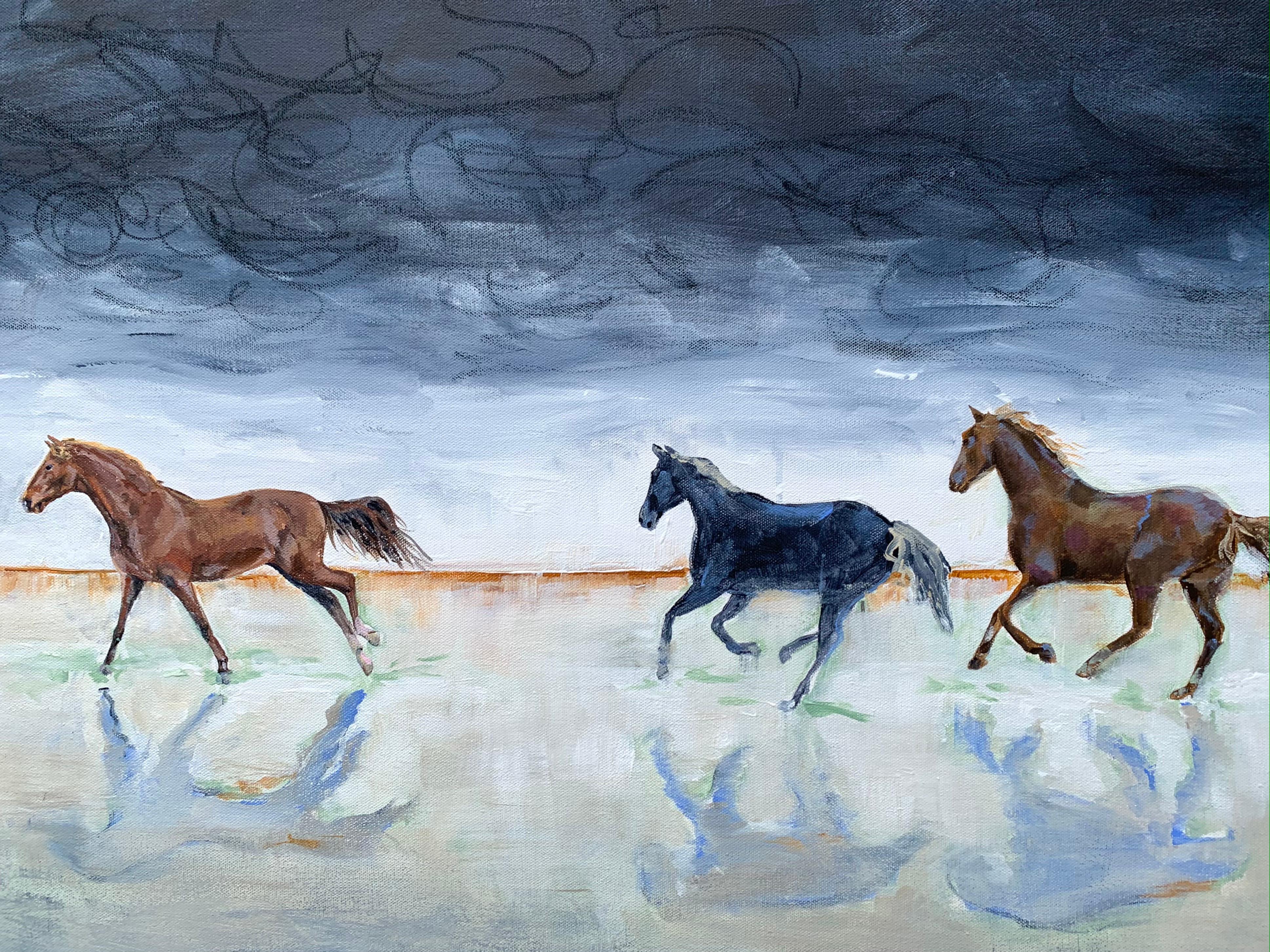 <p>Artist Comments<br>Artist Alana Clumeck portrays five horses treading a vast western landscape. A moody storm brews in the sky moments before a downpour. Alana applies black swirls that expressively capture the anticipation. She purposely paints