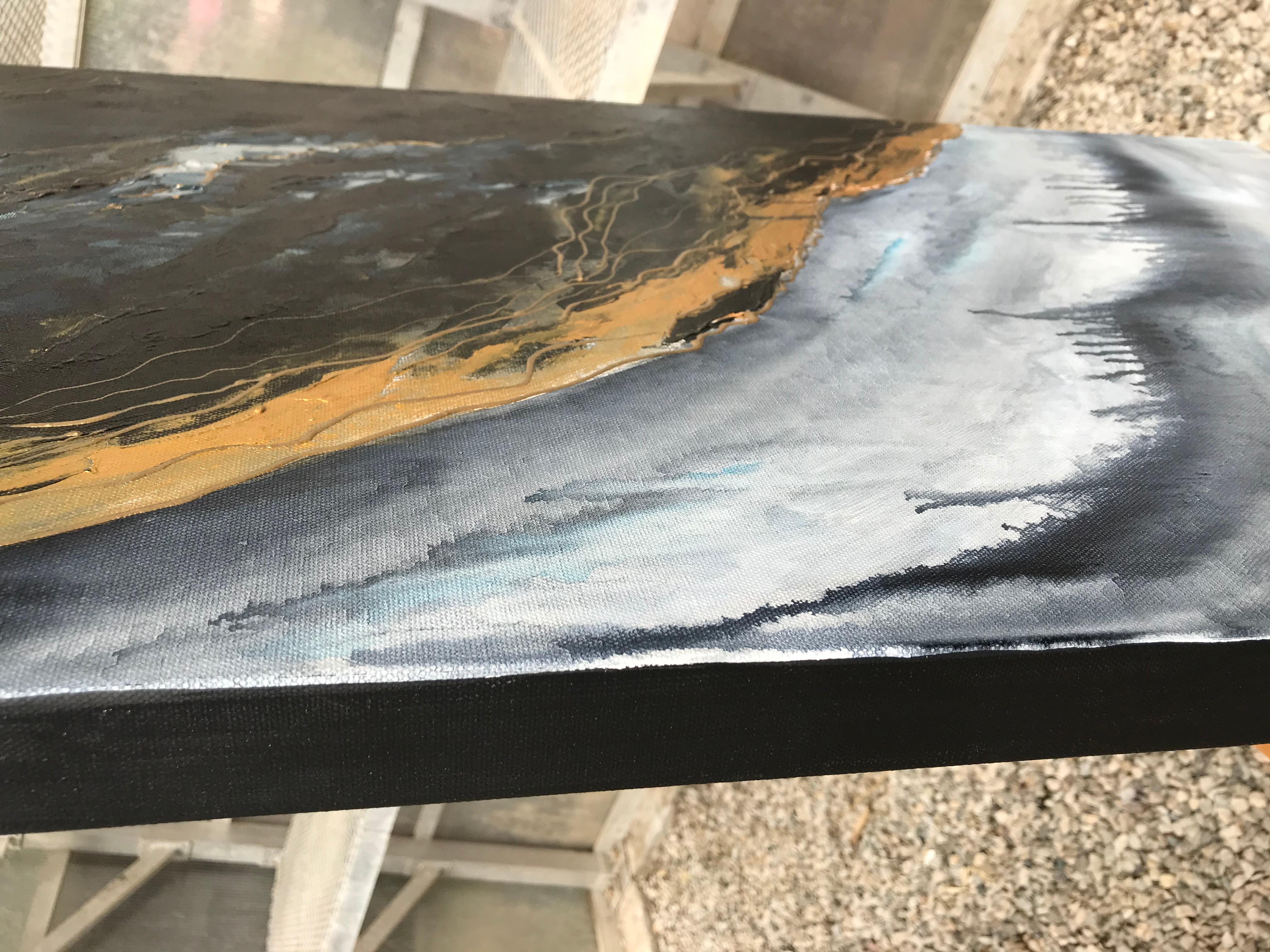 <p>Artist Comments<br />A beam of light glimmers on the face of a mountain from the low setting sun. Fog forms above a blanket of snow interweaving tall dark trees. Artist Alana Clumeck created this abstract mountain scene with a mix of acrylic