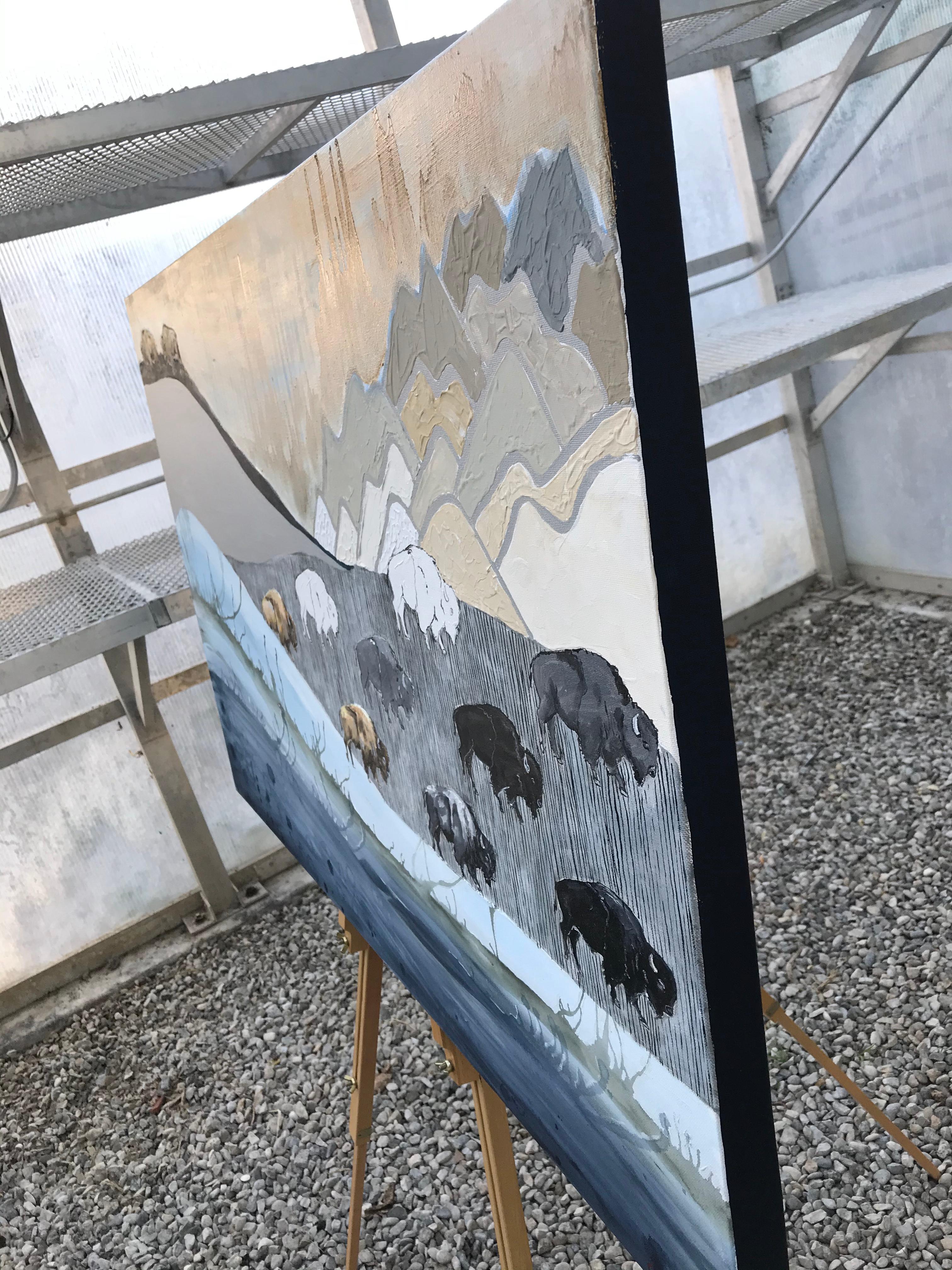 <p>Artist Comments<br />A herd of buffalo roams through a wild, almost prehistoric landscape. A cool tone washes over to the right, while more animals climb up a mountain on the left. Artist Alana Clumeck renders this piece with watercolor, acrylic,