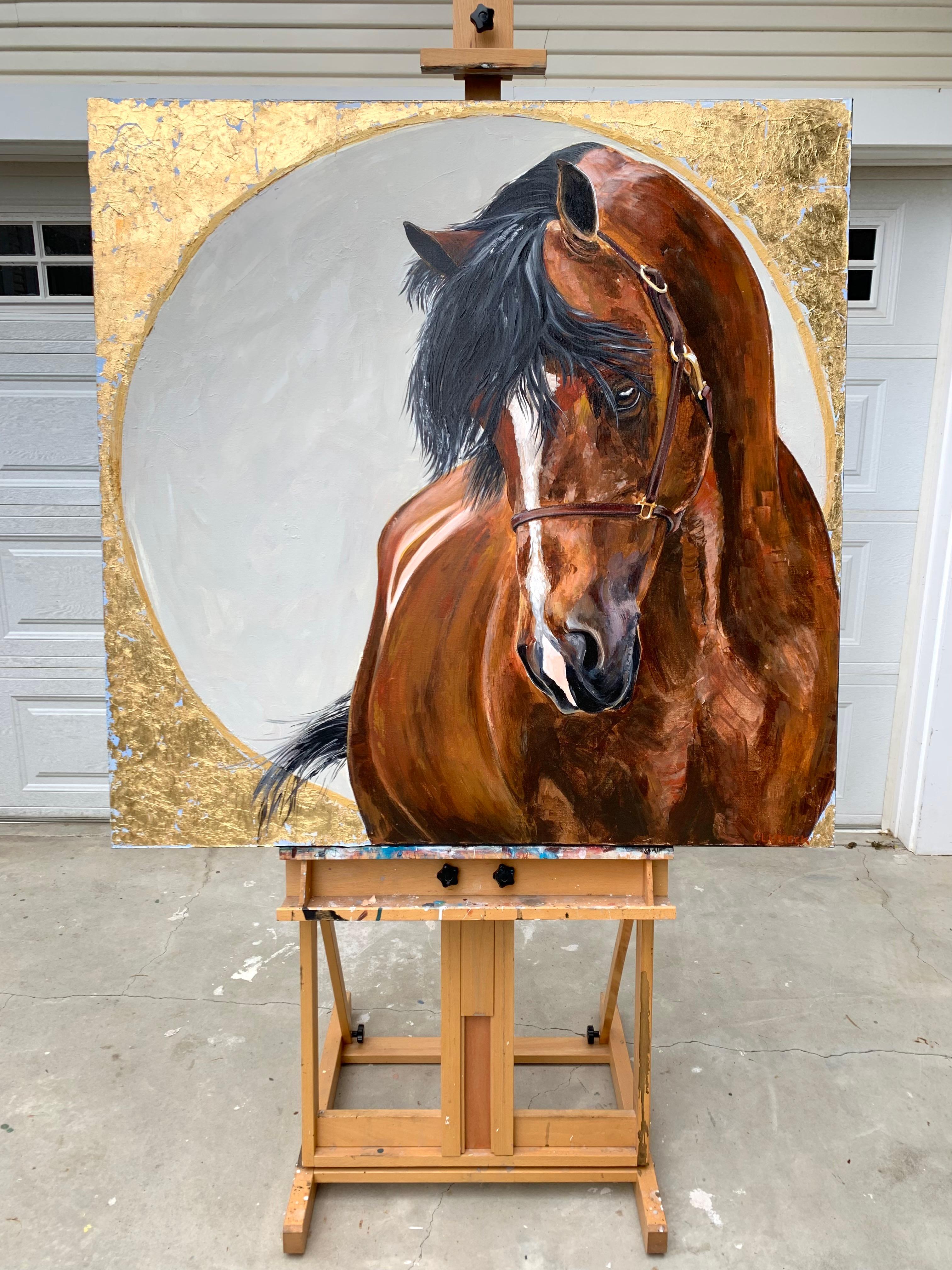 <p>Artist Comments<br>Artist Alana Clumeck creates a contemporary portrait of a stunning brown horse. She paints the majestic steed with a pallet knife and adds details with a paintbrush. Different techniques and components of gold leaf round up the