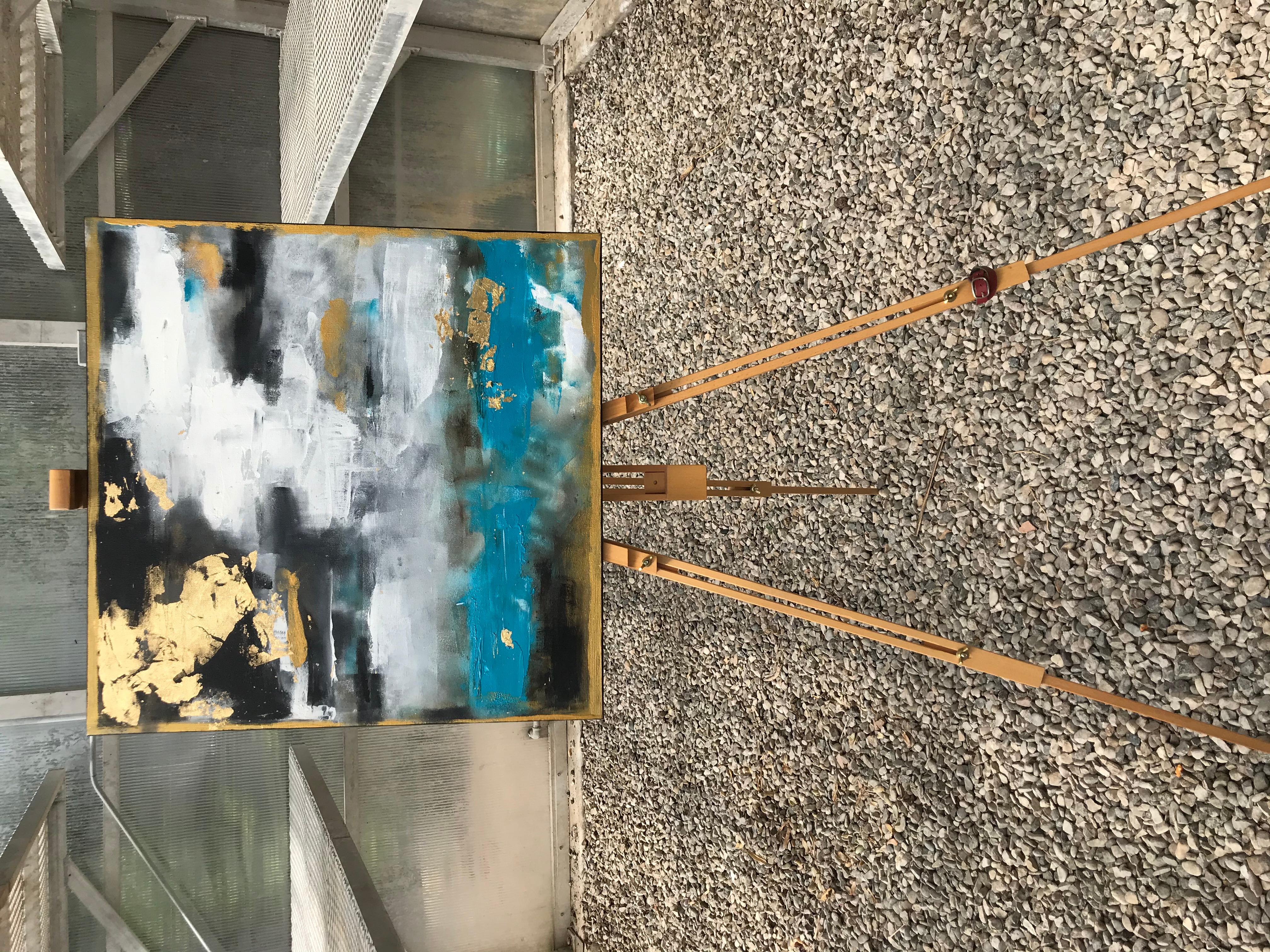 <p>Artist Comments<br />Artist Alana Clumeck captures an abstract expressionistic view of a storm far off over the ocean. With thick strokes of black, blue, white and gold, she reveals strong wind and crashing waves. 