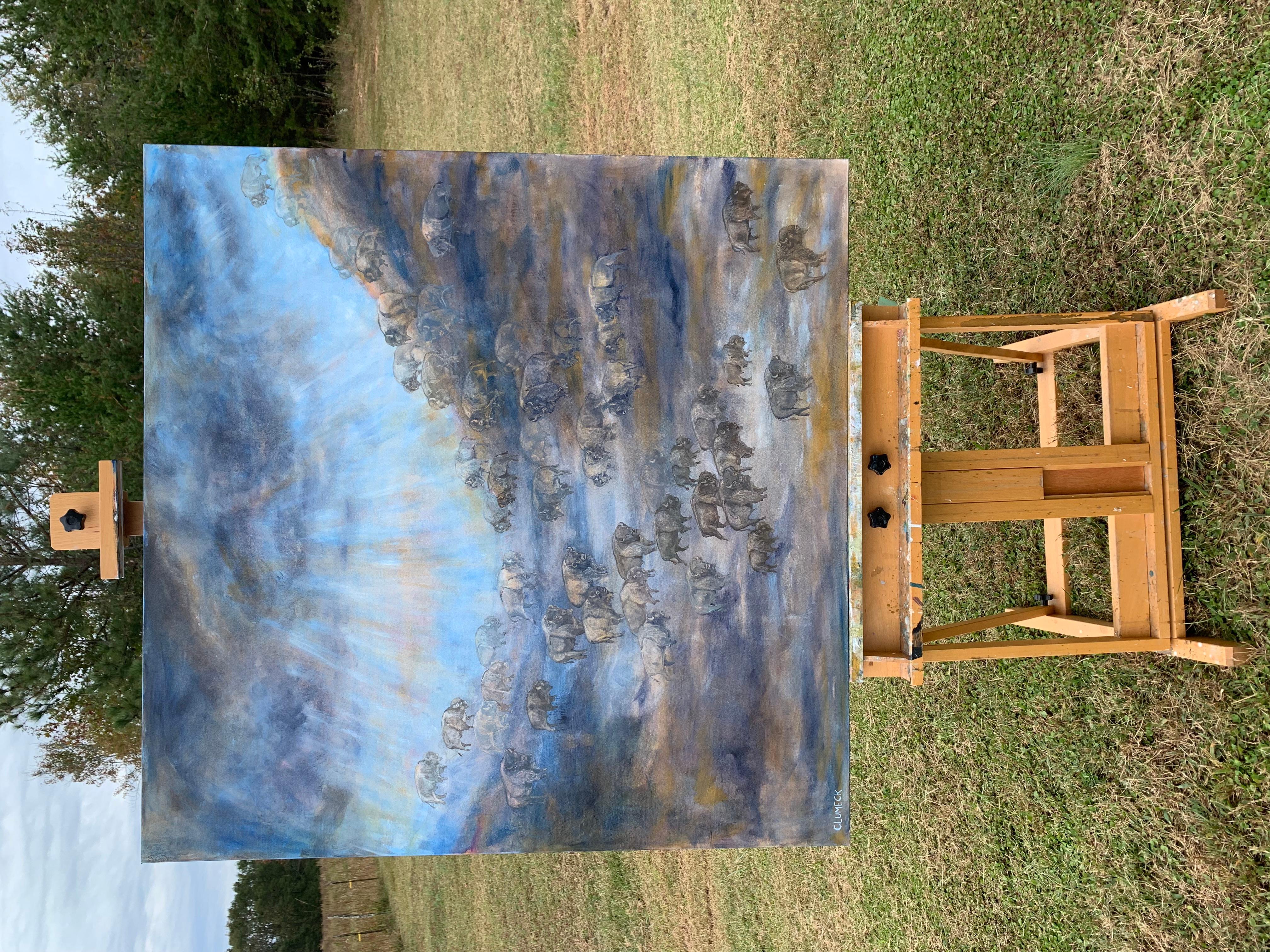 <p>Commenti dell'artista<br />Una mandria di bisonti scende in un burrone, muovendosi in un paesaggio nebbioso. Questi animali maestosi simboleggiano forza, potenza e resilienza mentre la luce eterea attraversa le nuvole. I ricchi blu, i marroni, i