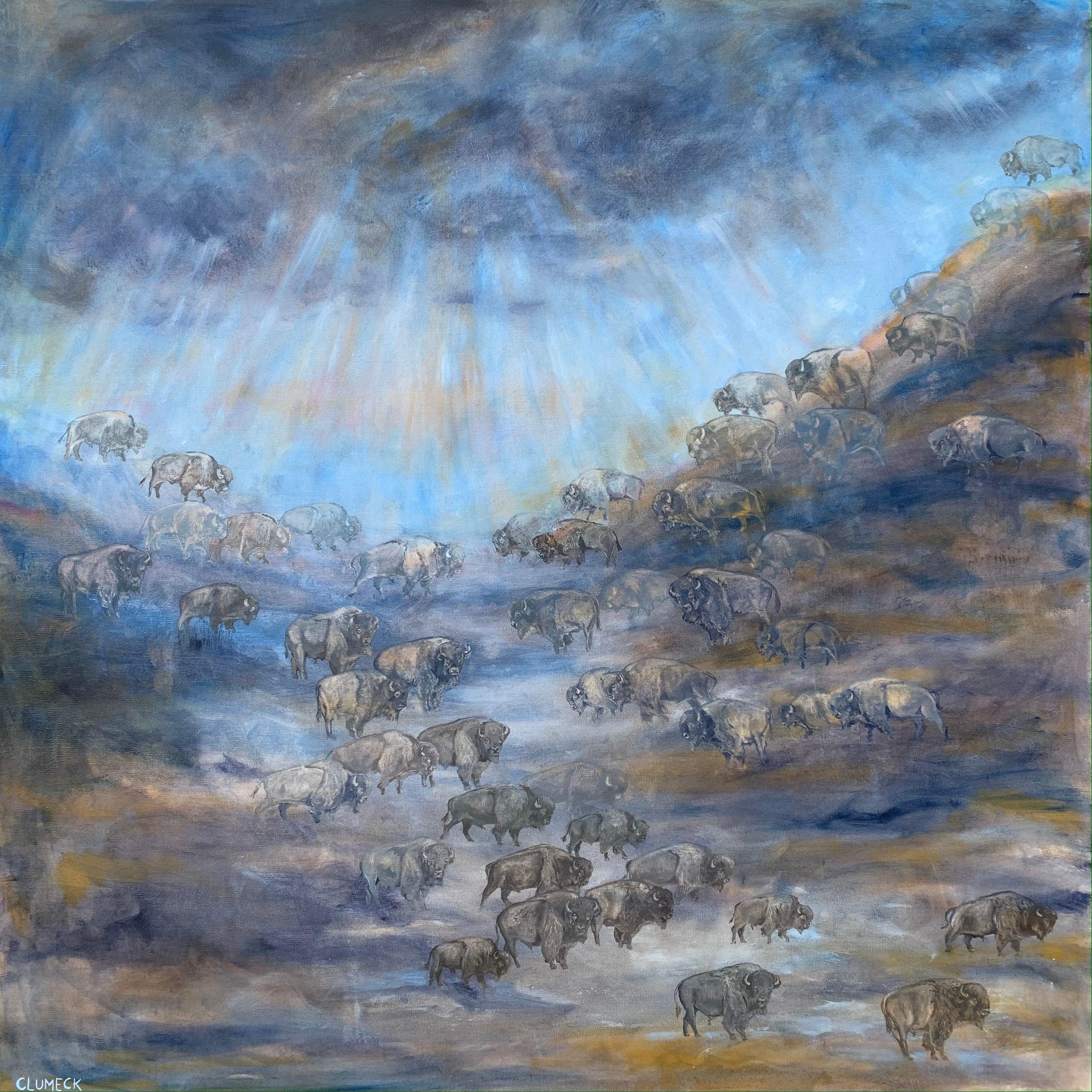 Bisonte sotto la luce, pittura a olio - Art di Alana Clumeck