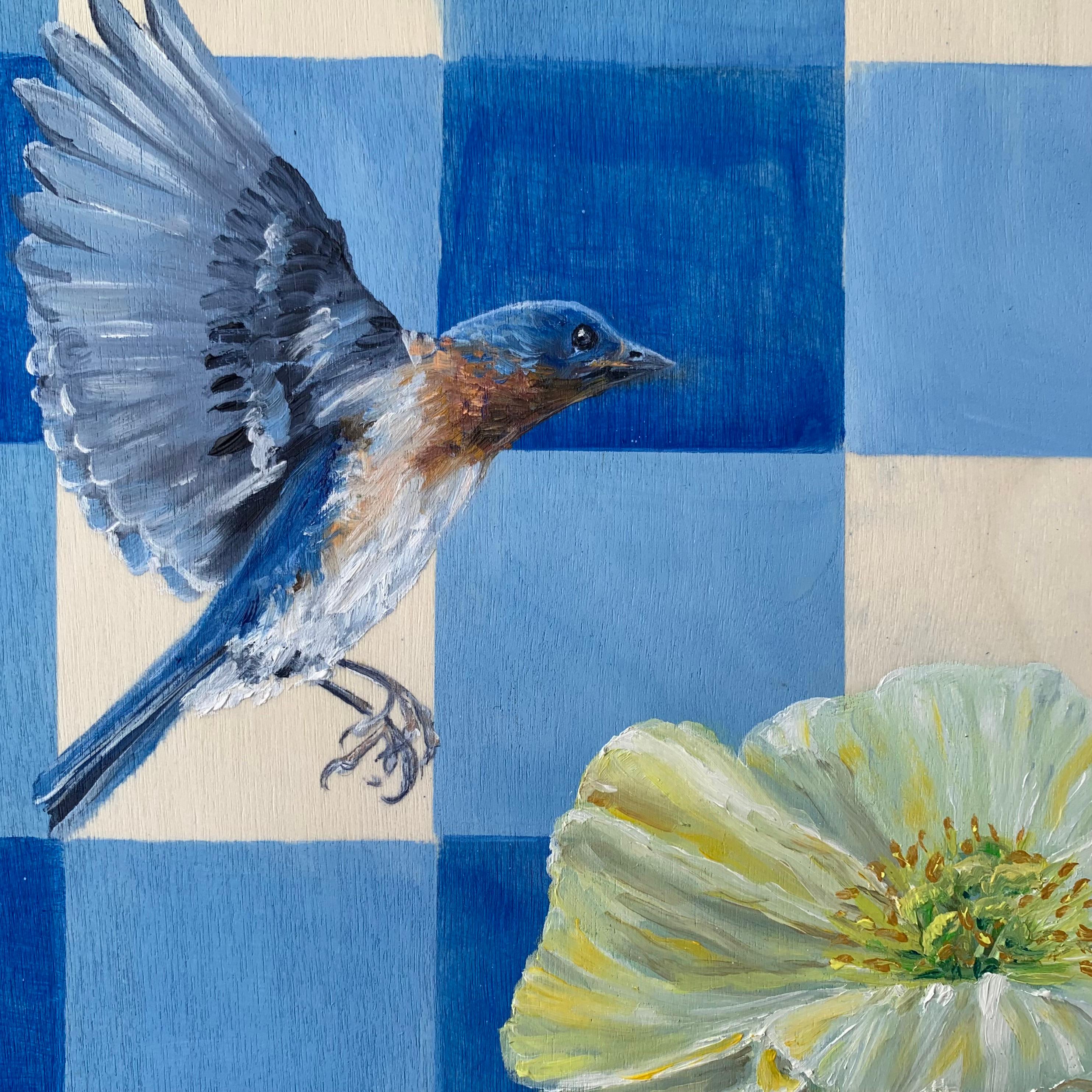 Uccello azzurro e papavero islandese, pittura a olio - Animal Painting Blu di Alana Clumeck