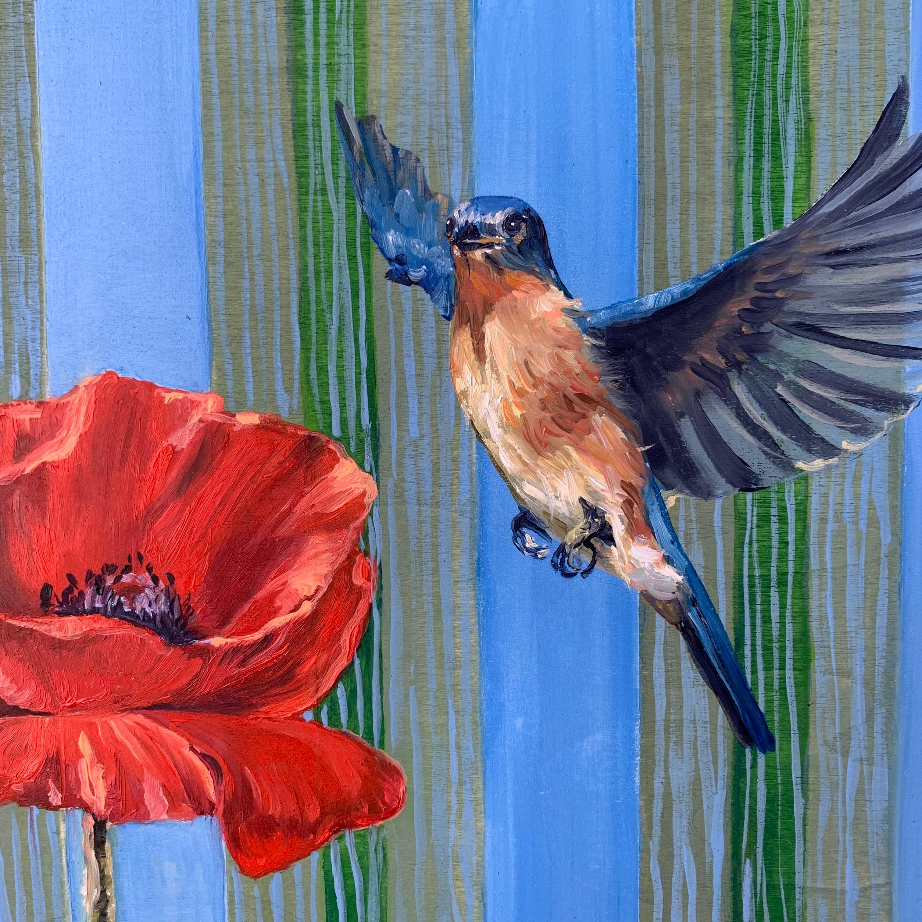 Uccello azzurro e papavero, pittura a olio - Animal Painting Blu di Alana Clumeck
