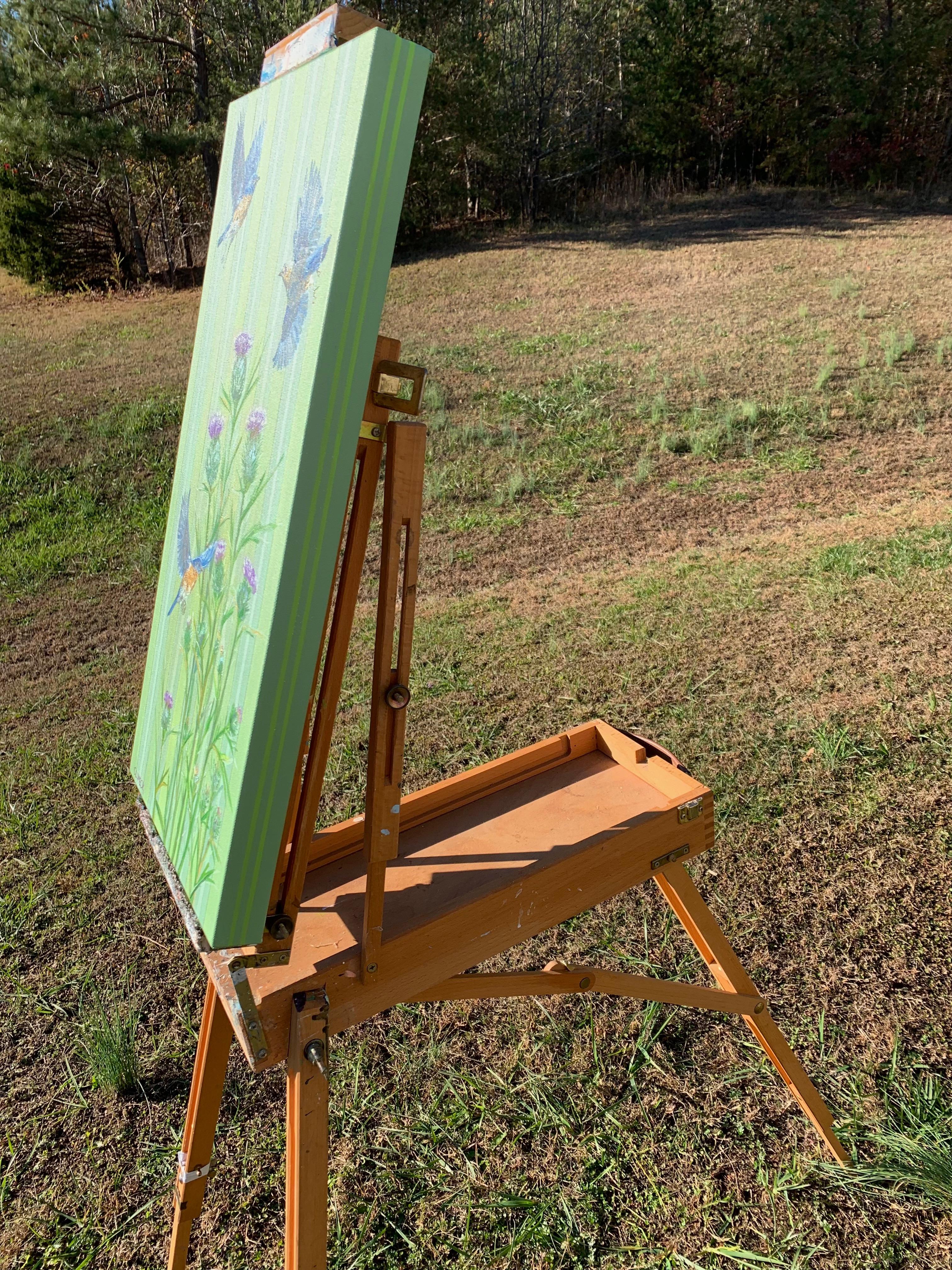 Volo di uccello azzurro con cardi, pittura a olio - Painting di Alana Clumeck