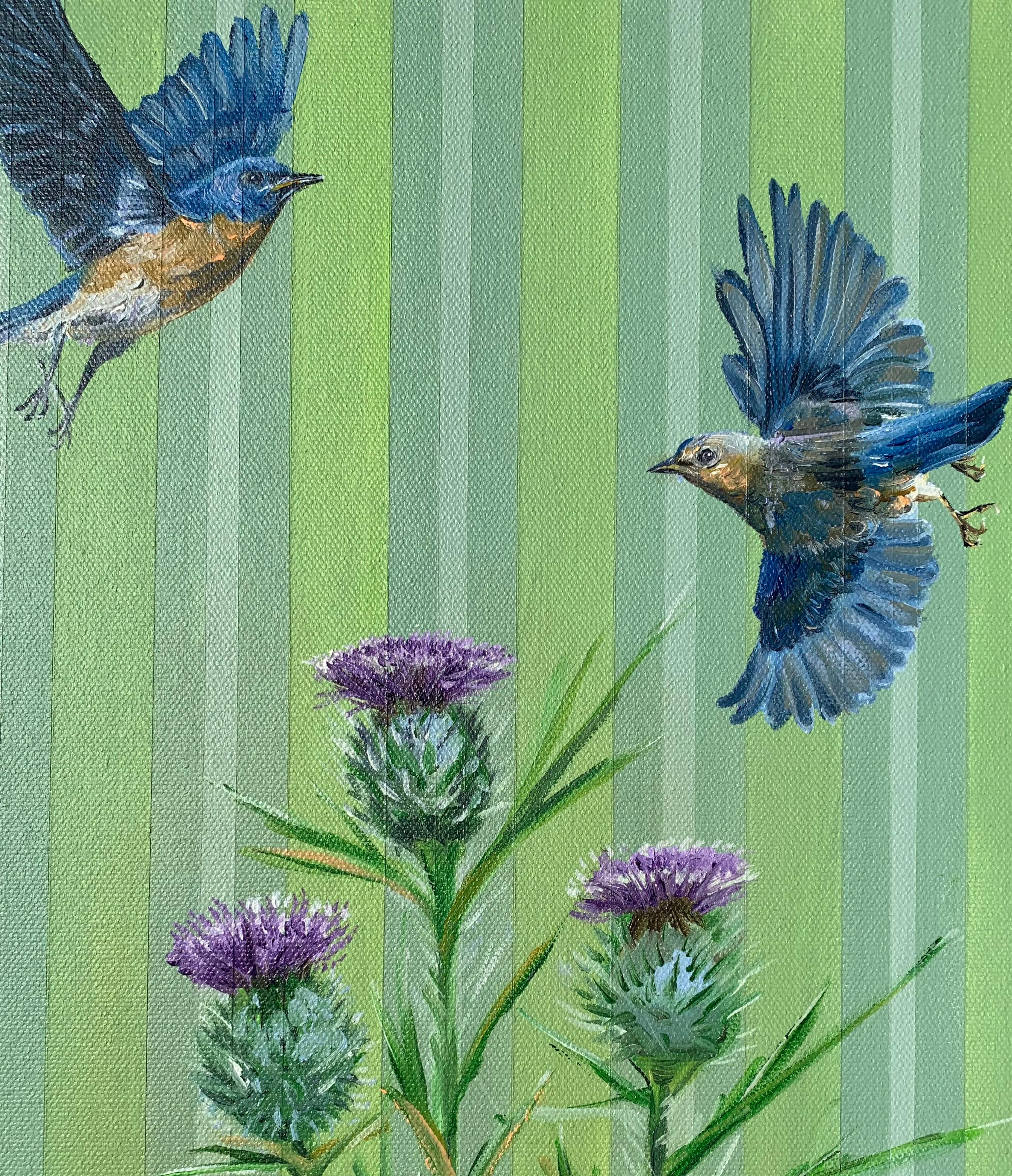 Volo di uccello azzurro con cardi, pittura a olio - Still-Life Painting Blu di Alana Clumeck