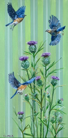 Volo di uccello azzurro con cardi, pittura a olio