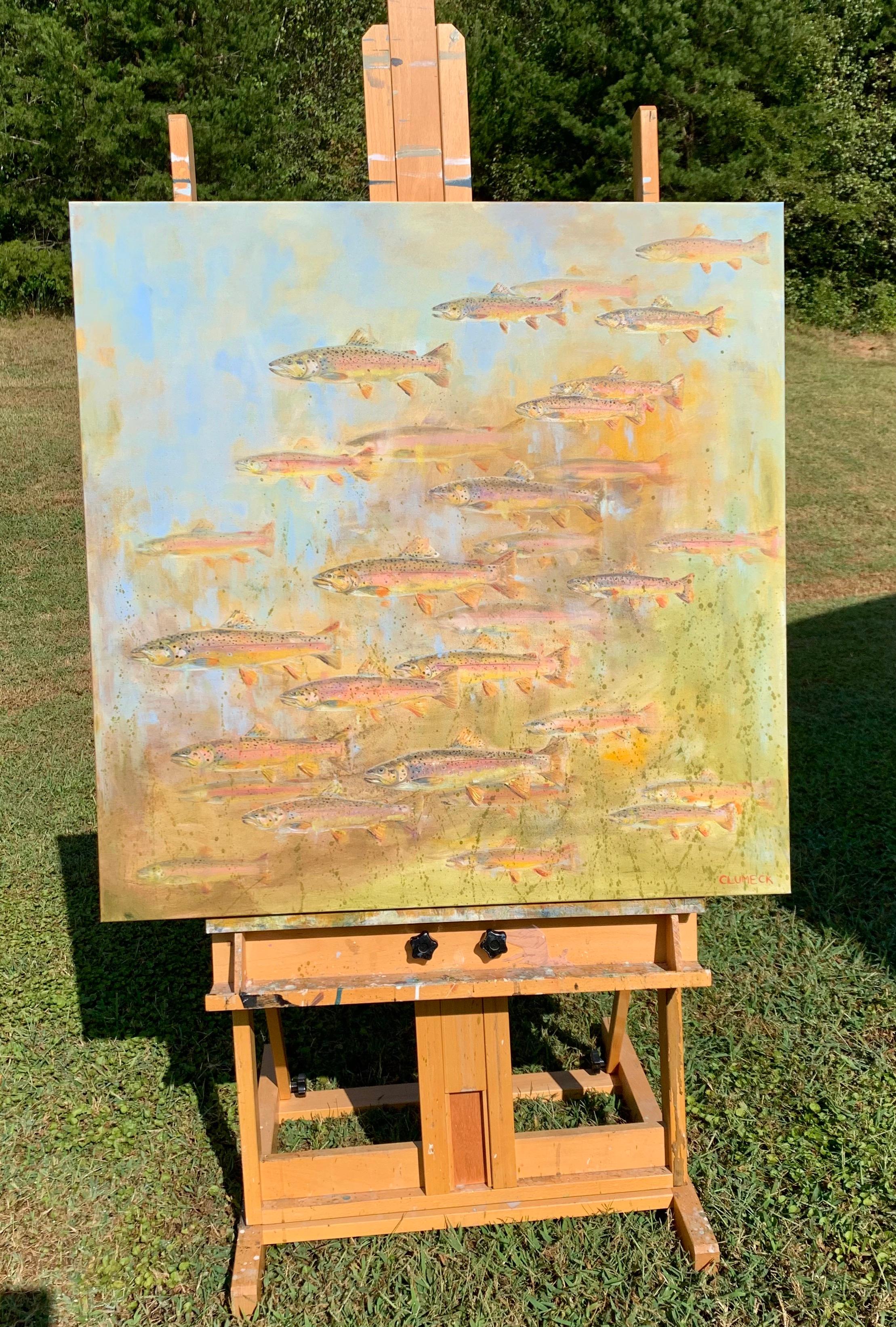 <p>Comentarios del artista<br />Un banco de peces capta un momento de abundancia. La artista Alana Clumeck representó algunas truchas con gran detalle, mientras que otras aparecen manchadas, simbolizando la naturaleza impredecible de la vida y la