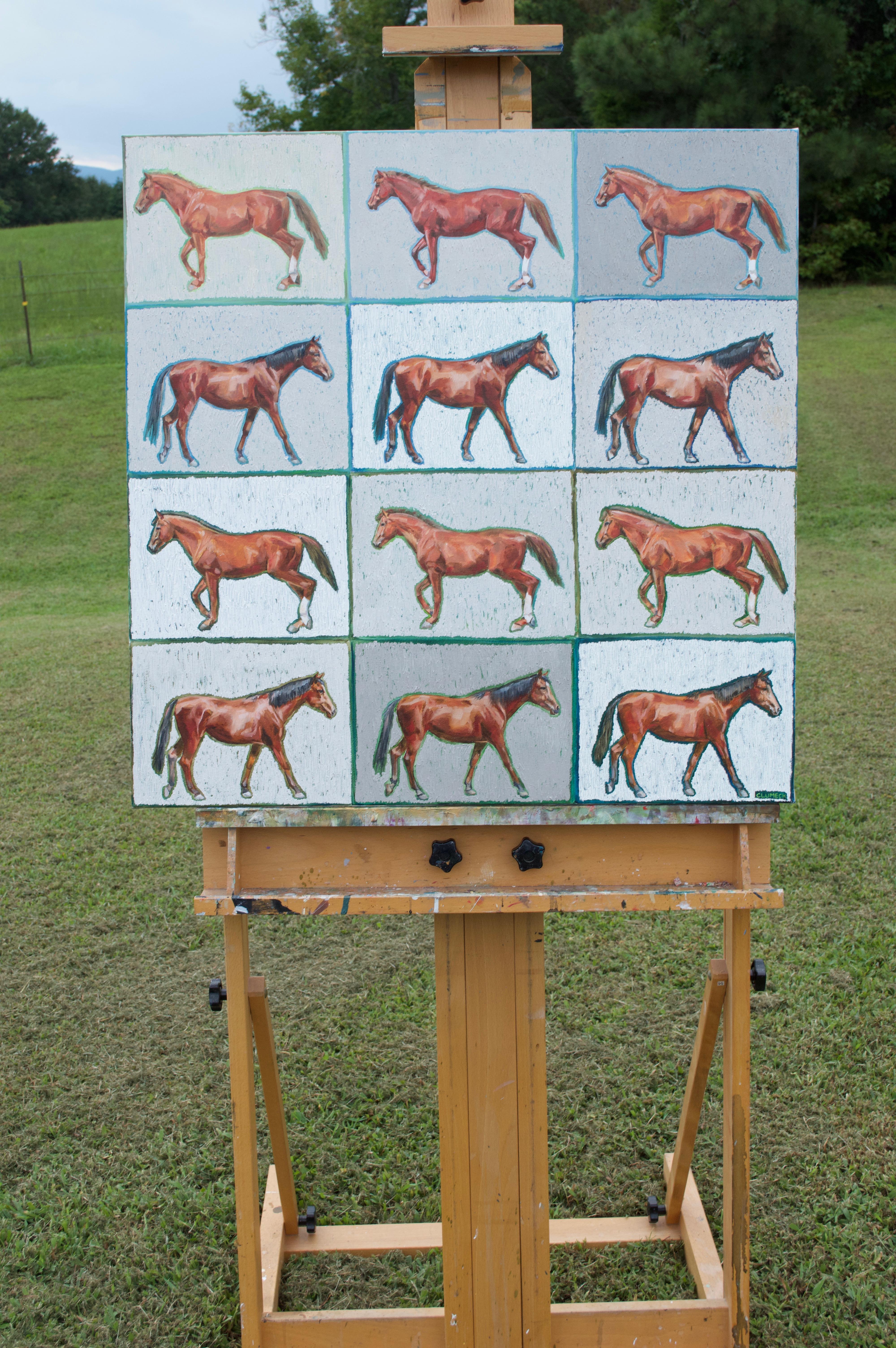 <p>Artist Comments<br>This contemporary oil painting features a striking, rhythmic arrangement of twelve horses. Structured into four horizontal rows, each row contains three horses. In each alternating row, the animals face opposite directions,