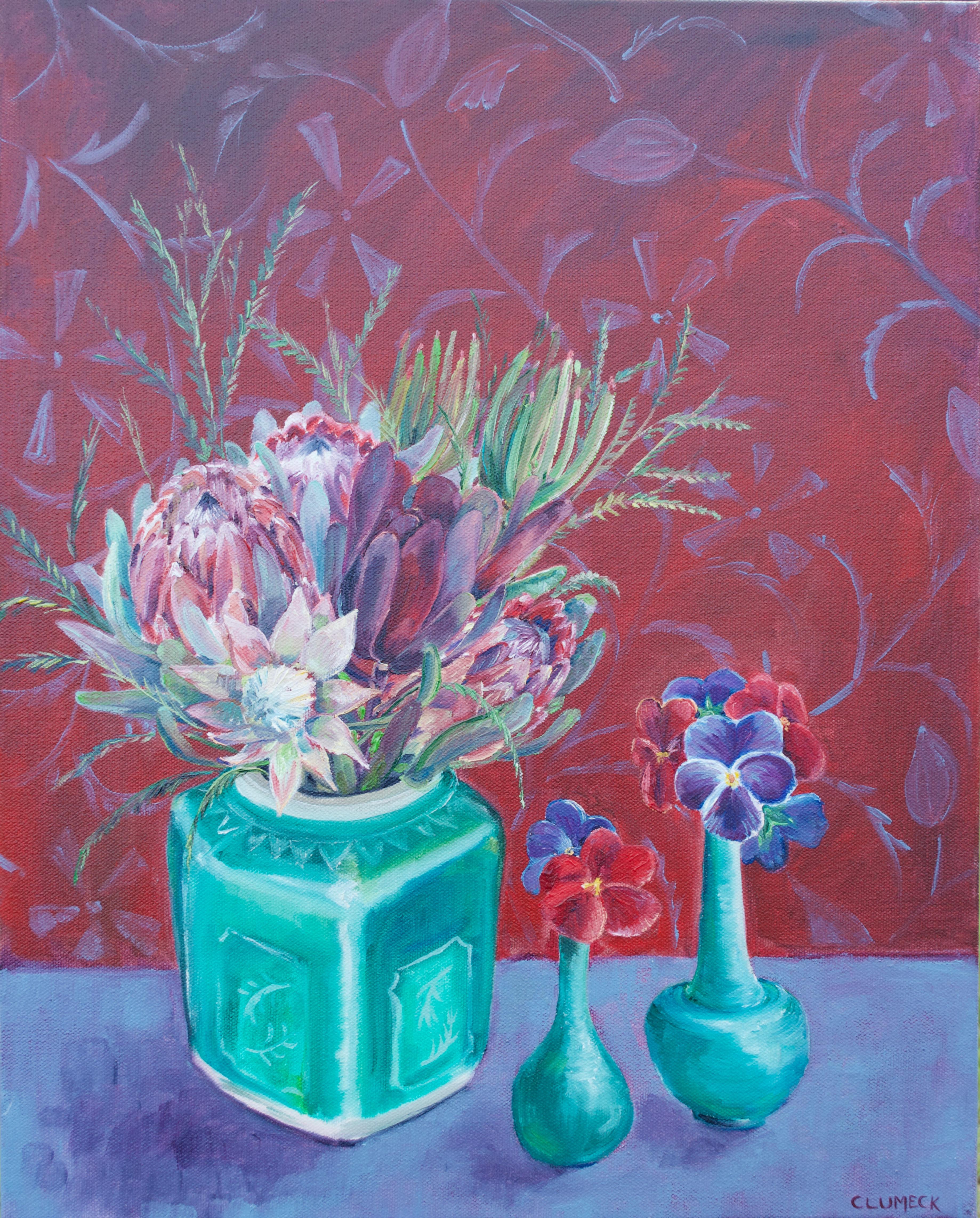 Alana Clumeck Still-Life Painting - Protea & Pansies, Oil Painting