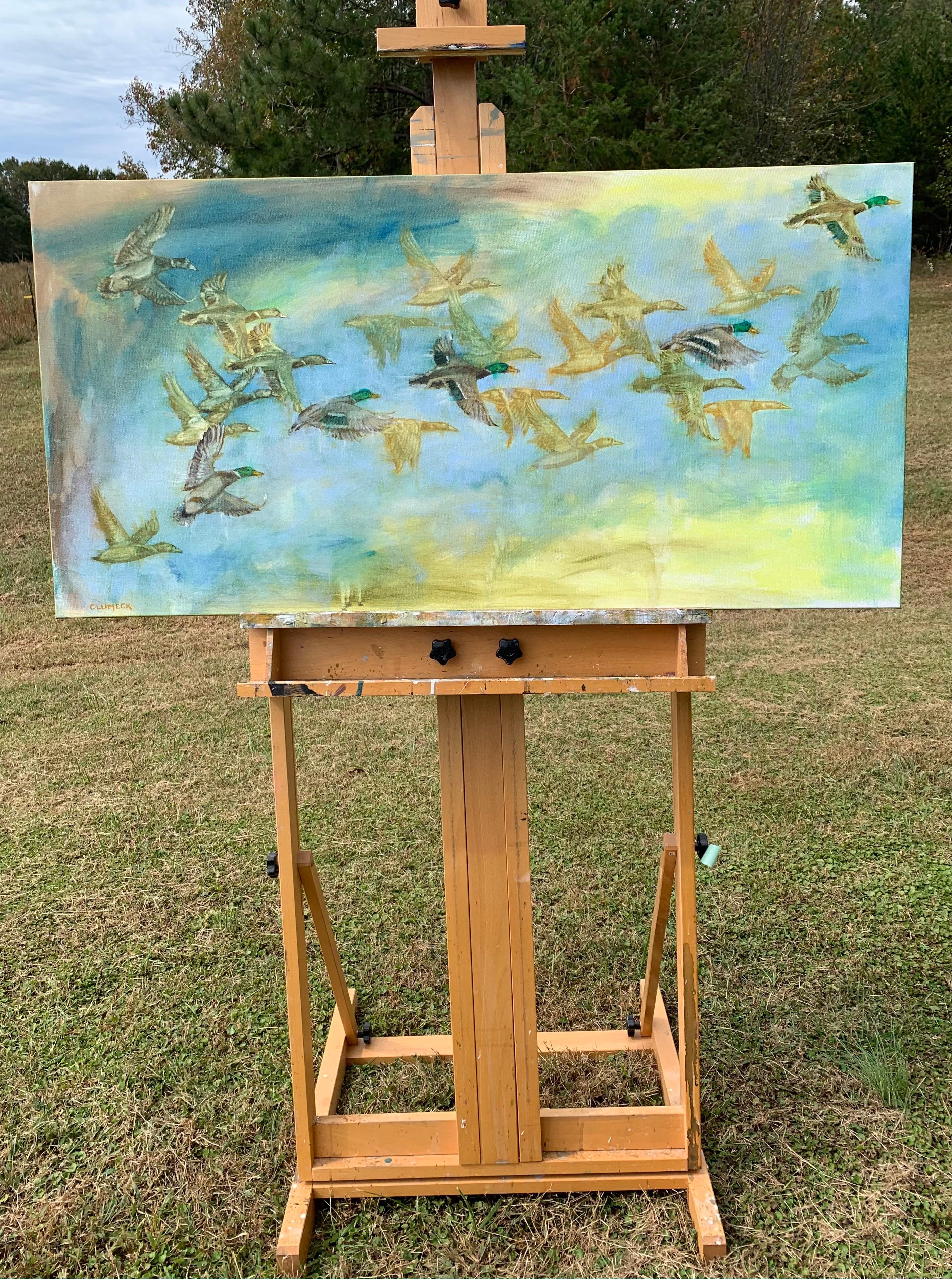 <p>Comentarios del artista<br />Una bandada de ánades reales surca graciosamente el cielo sobre un fondo etéreo de vibrantes azules, verdes y amarillos. La artista Alana Clumeck empleó técnicas como el goteo, las líneas difuminadas y un método único