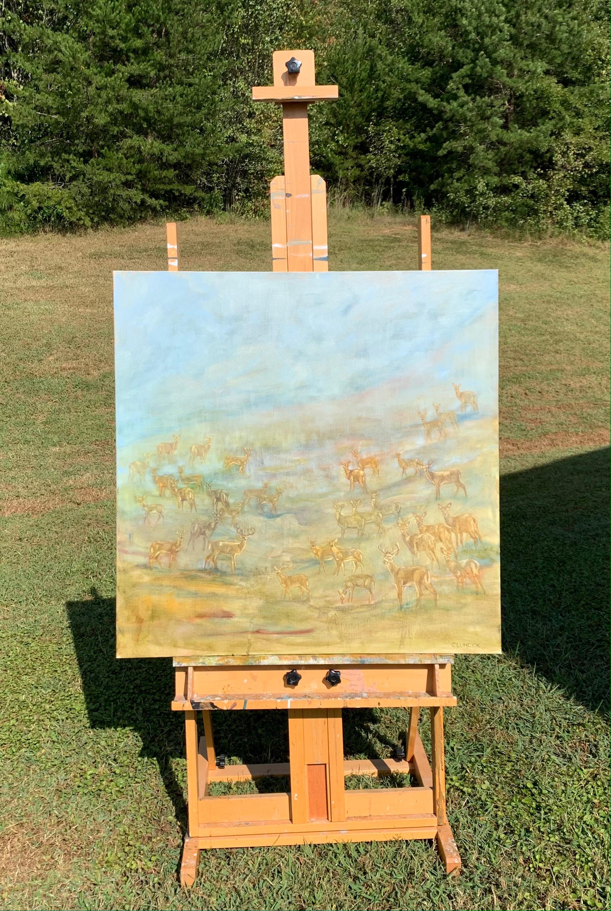 <p>Artist Comments<br />A majestic herd of deer gazes directly at the viewer with soulful eyes, symbolizing a collective yearning for connection and divine presence. Amidst this contemplative assembly, one deer stands apart, peacefully grazing in