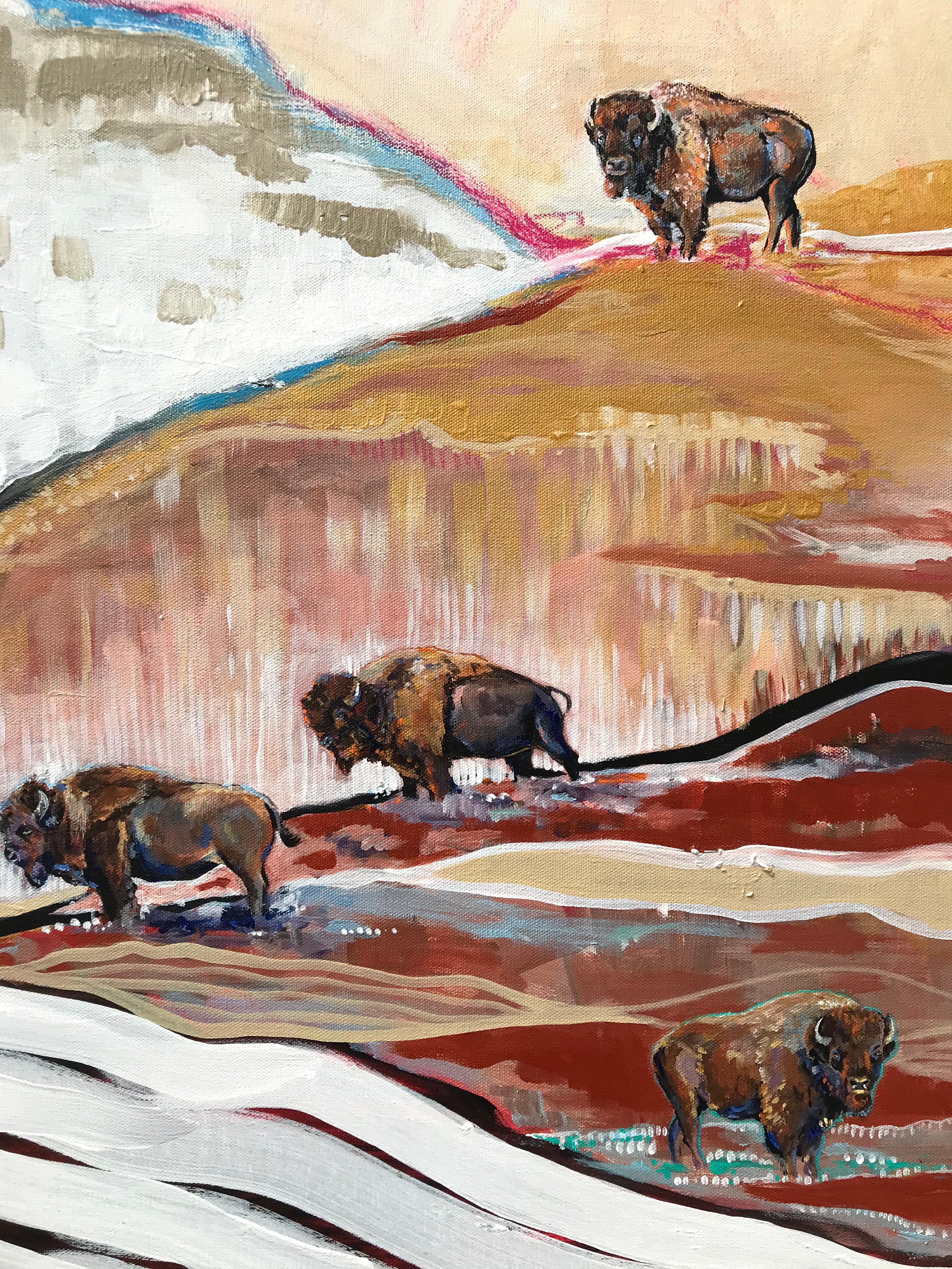 <p>Artist Comments<br>A bison herd grazes on slopes of colorful prairie land. 