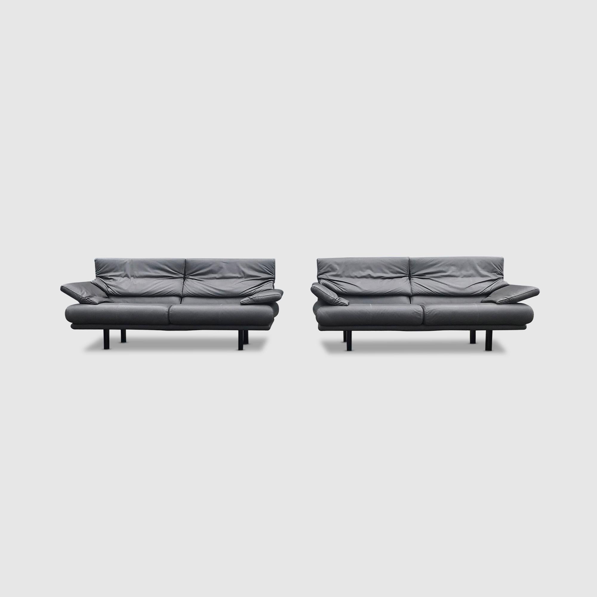 Postmodern design by Paolo Piva; an Alanda sofa in dark grey petrol leather.

Modern design by Paolo Piva, a voluminous sofa in thick aniline leather and royally padded cushions offset in appearance with relatively slender black metal feet. It