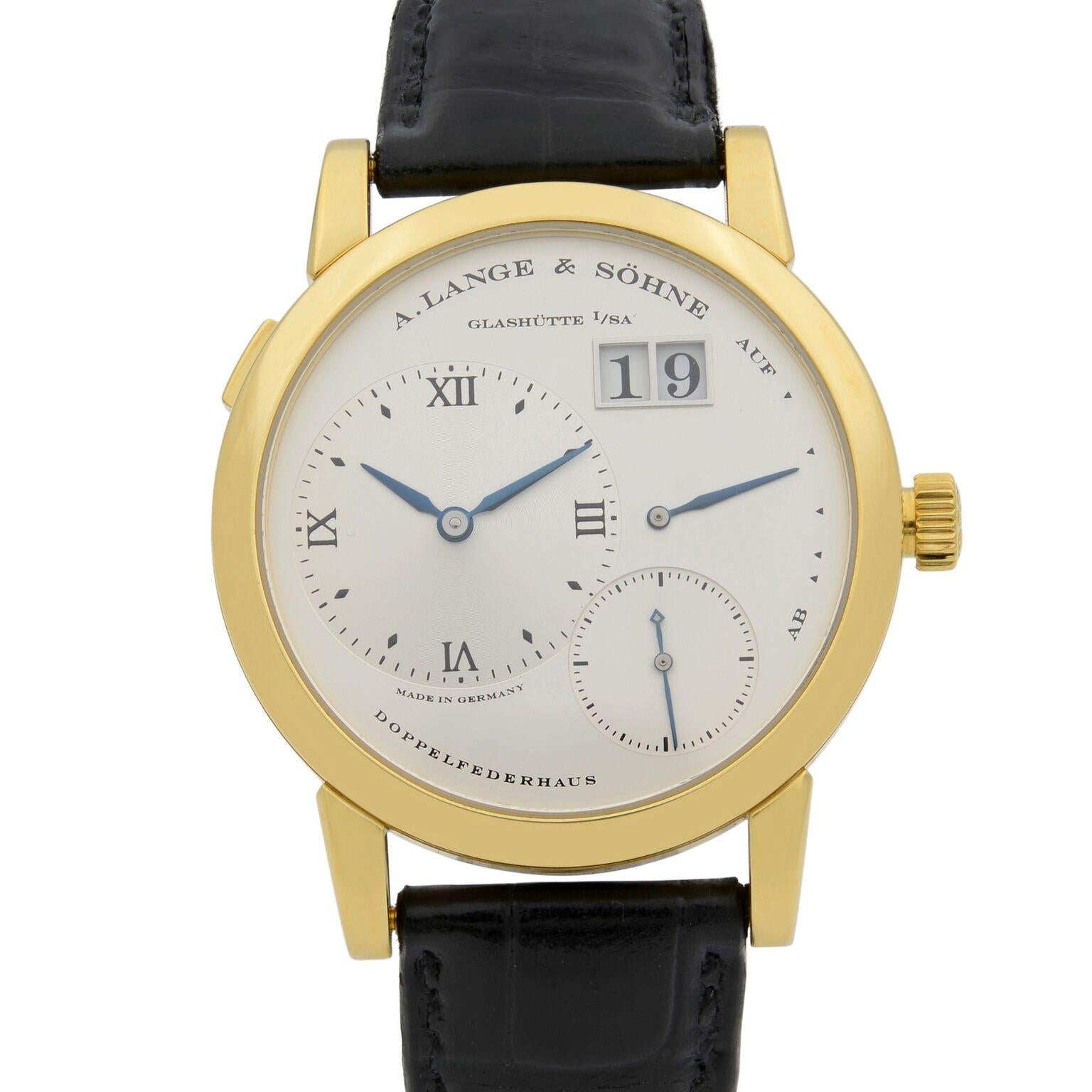 This pre-owned A. Lange & Sohne  101.022 is a beautiful men's timepiece that is powered by mechanical (hand-winding) movement which is cased in a yellow gold case. It has a round shape face, date indicator, small seconds subdial dial, and has hand