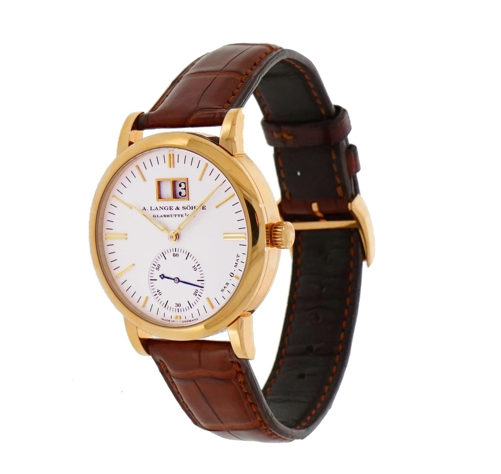 Pre-owned in excellent Condition A. Lange & Sohne, Langematic Saxonia Big date , 37 mm red gold case, automatic self-winding  caliber L921.04, 45 jewels, beating at 21,600vph,  decorated ¾  rotor in 21 karat gold and platinum, with automatic return
