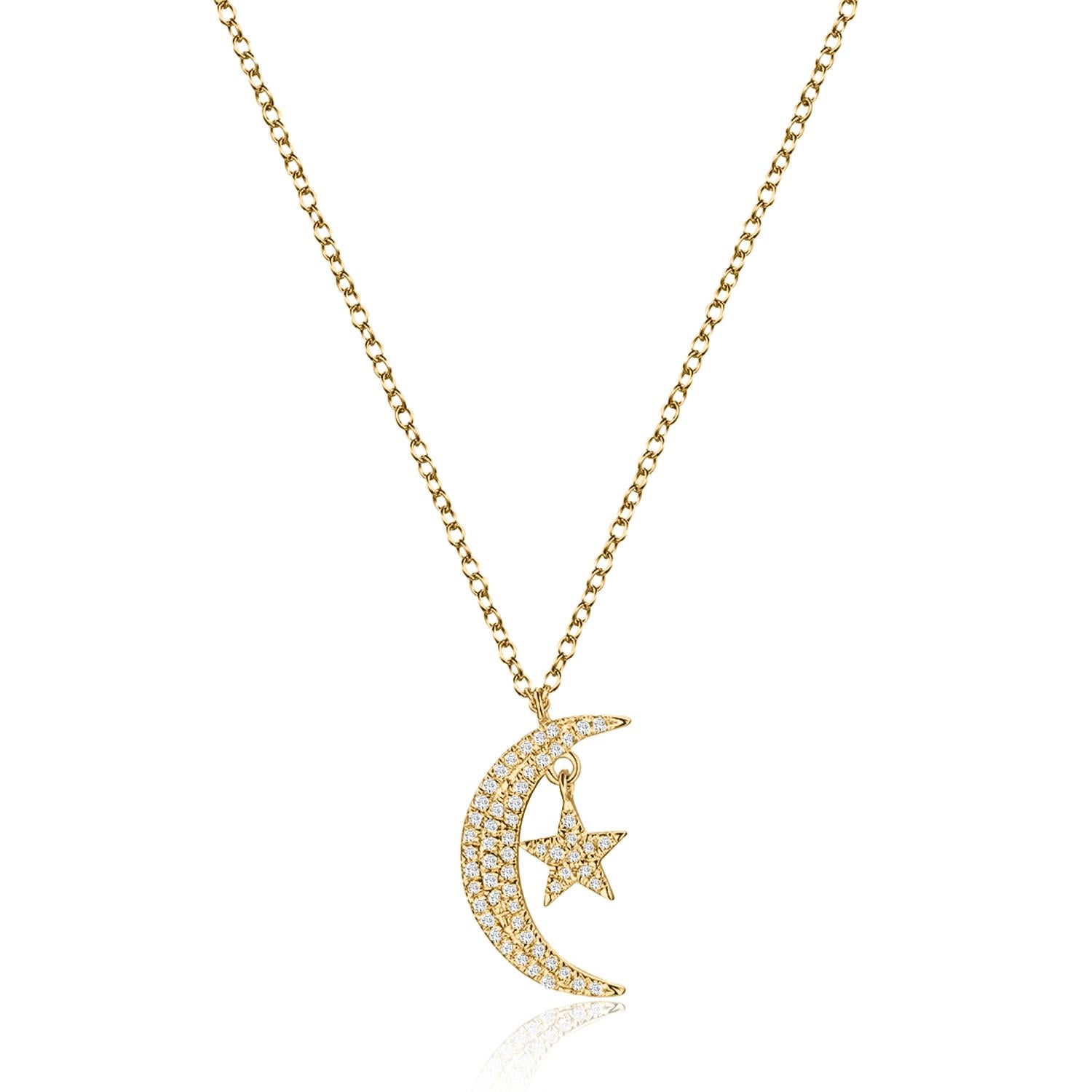 14k Gold Mini Moon and Star Diamond Necklace

Necklace Information
Diamond Type : Natural Diamond
Metal : 14k Gold
Metal Color : Rose Gold, Yellow Gold, White Gold
Total Carat Weight : 0.164 ttcw
Diamond colour-clarity : G/H Color VS/Si1 Clarity
