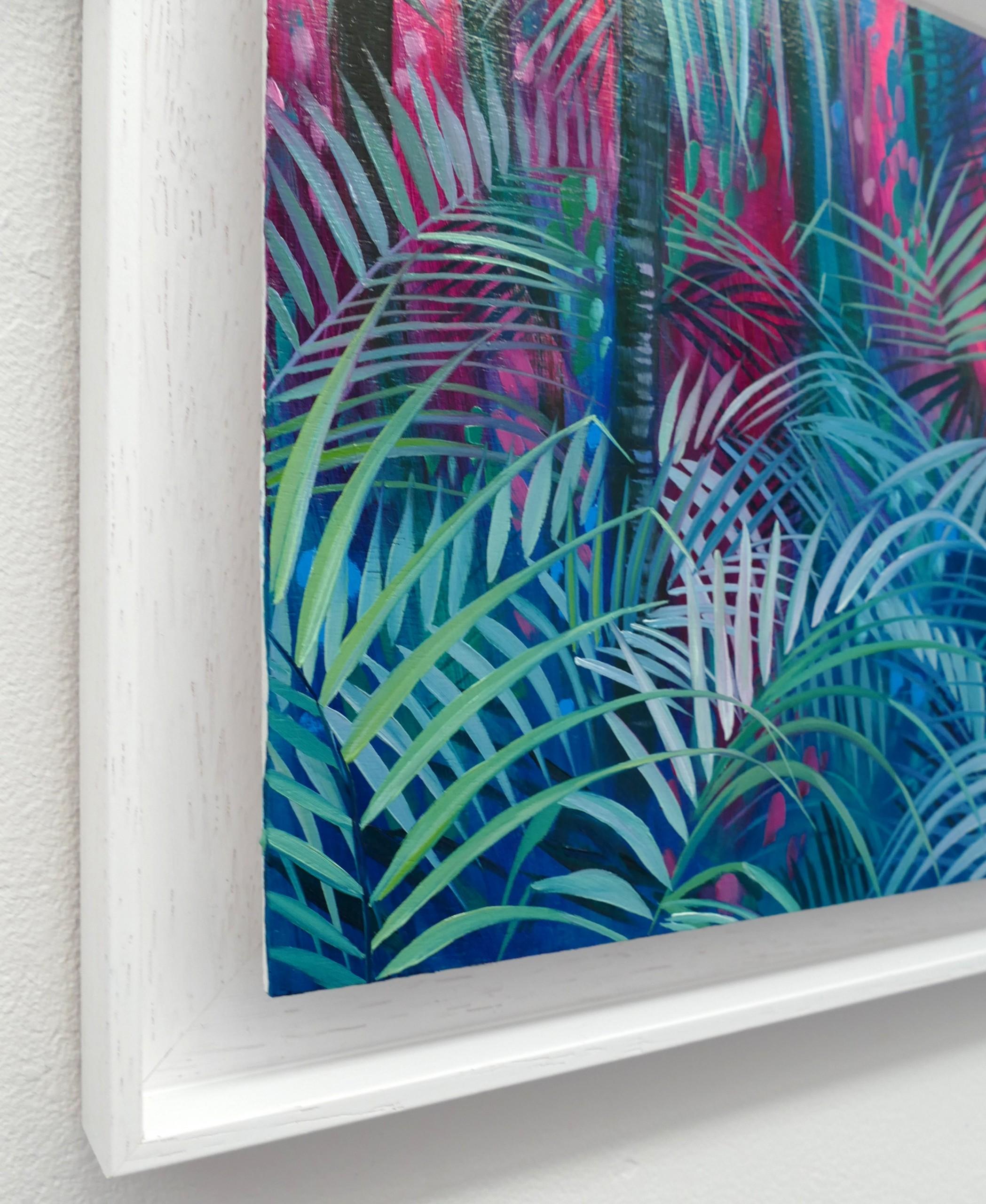 Paraíso en la selva, arte paisajístico, atrevida pintura al óleo original, obra de arte enmarcada - Landscape Painting Azul de Alanna Eakin