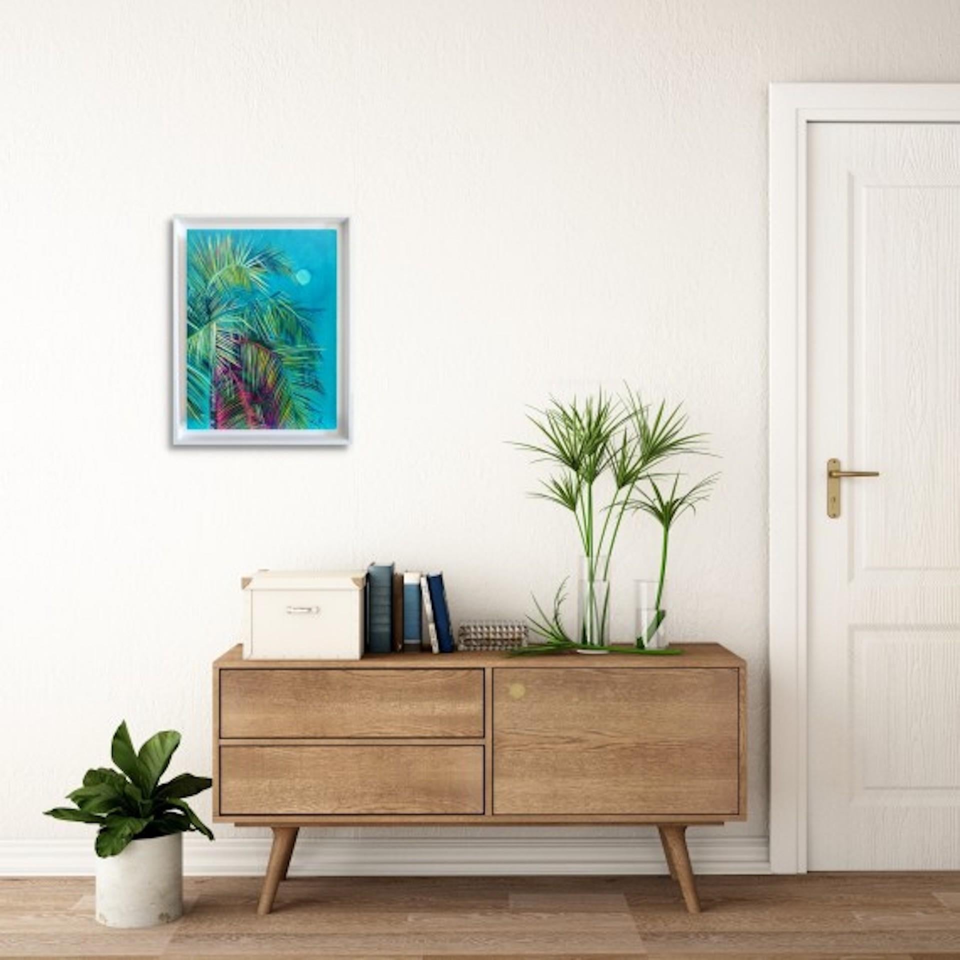 Mersing, Alanna Eakin, Original surrealistisches Gemälde mit tropischer Palme, Urlaub im Angebot 4