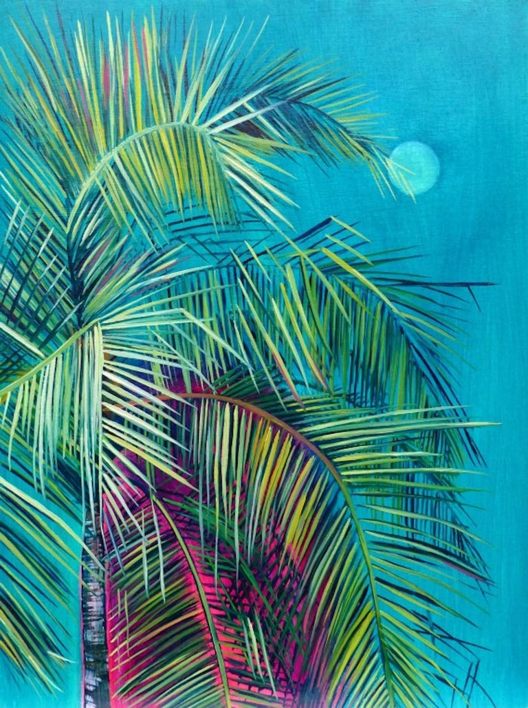 Mersing, Alanna Eakin, Original Surrealist Tropical Palm Tree Painting, Holiday - Blue Still-Life Painting by Alanna Eakin