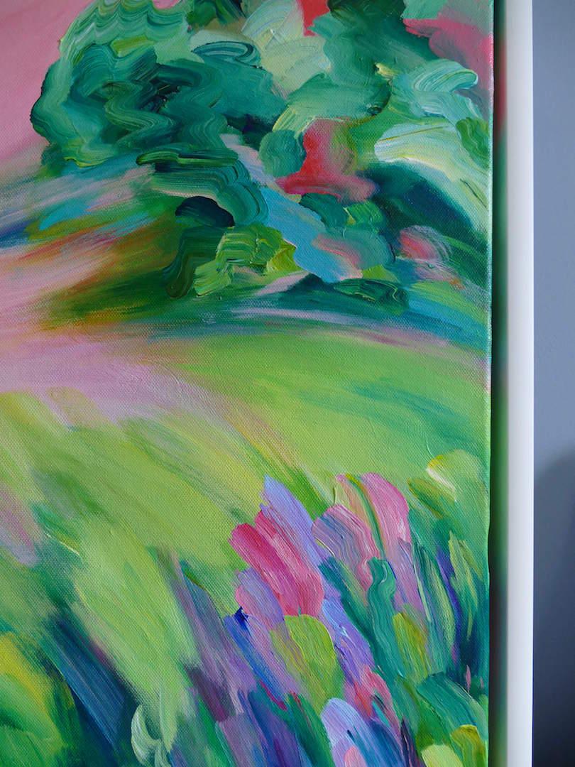 Éste es para ti es un cuadro original de paisaje abstracto de Alanna Eakin. Inspirada originalmente en un floreciente campo de flores silvestres y una puesta de sol rosa. Interpretado en una conclusión totalmente imaginaria. Las marcas gestuales del