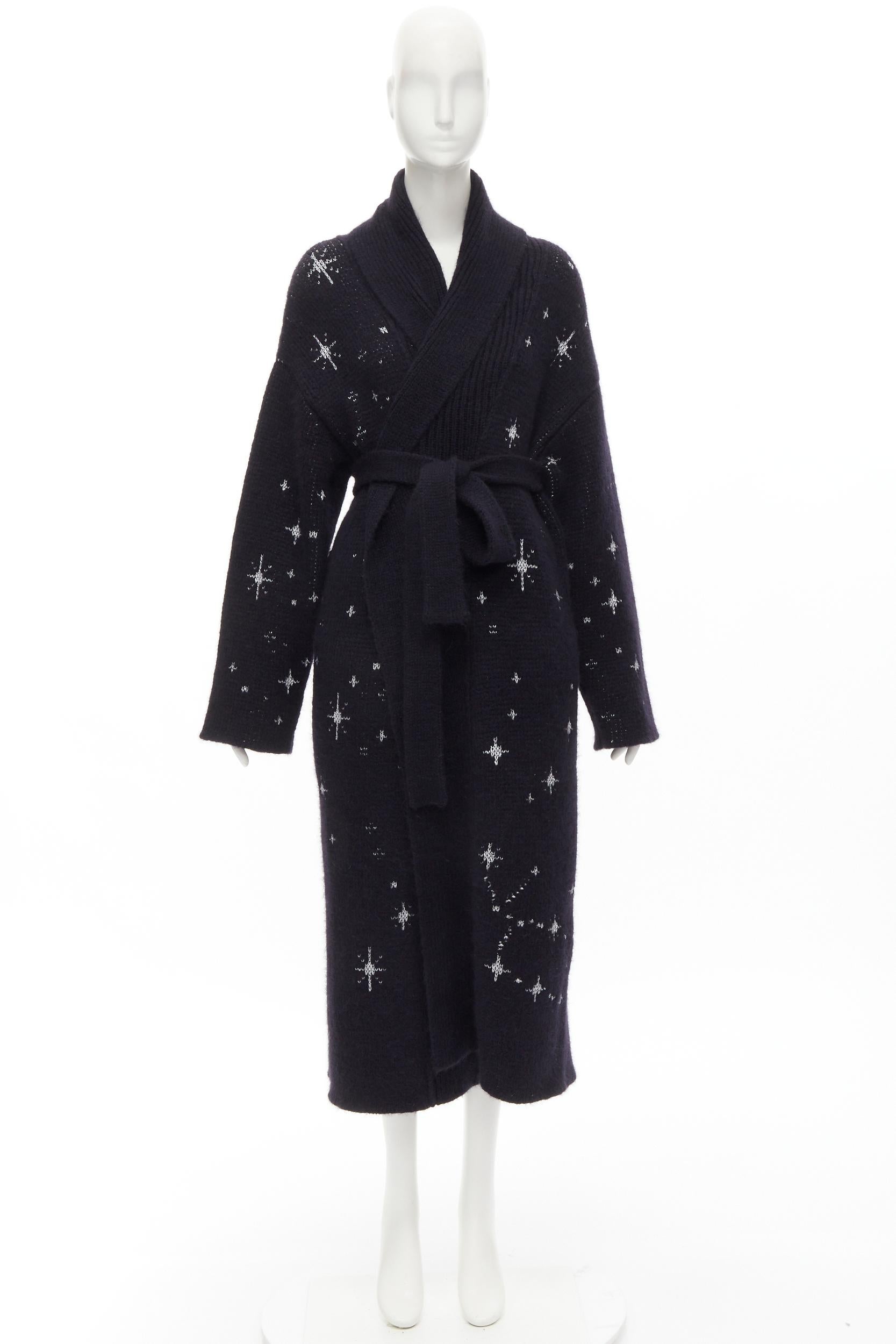 ALANUI alpaca wool chunky knit navy blue silver starburst cardigan coat robe M For Sale 2