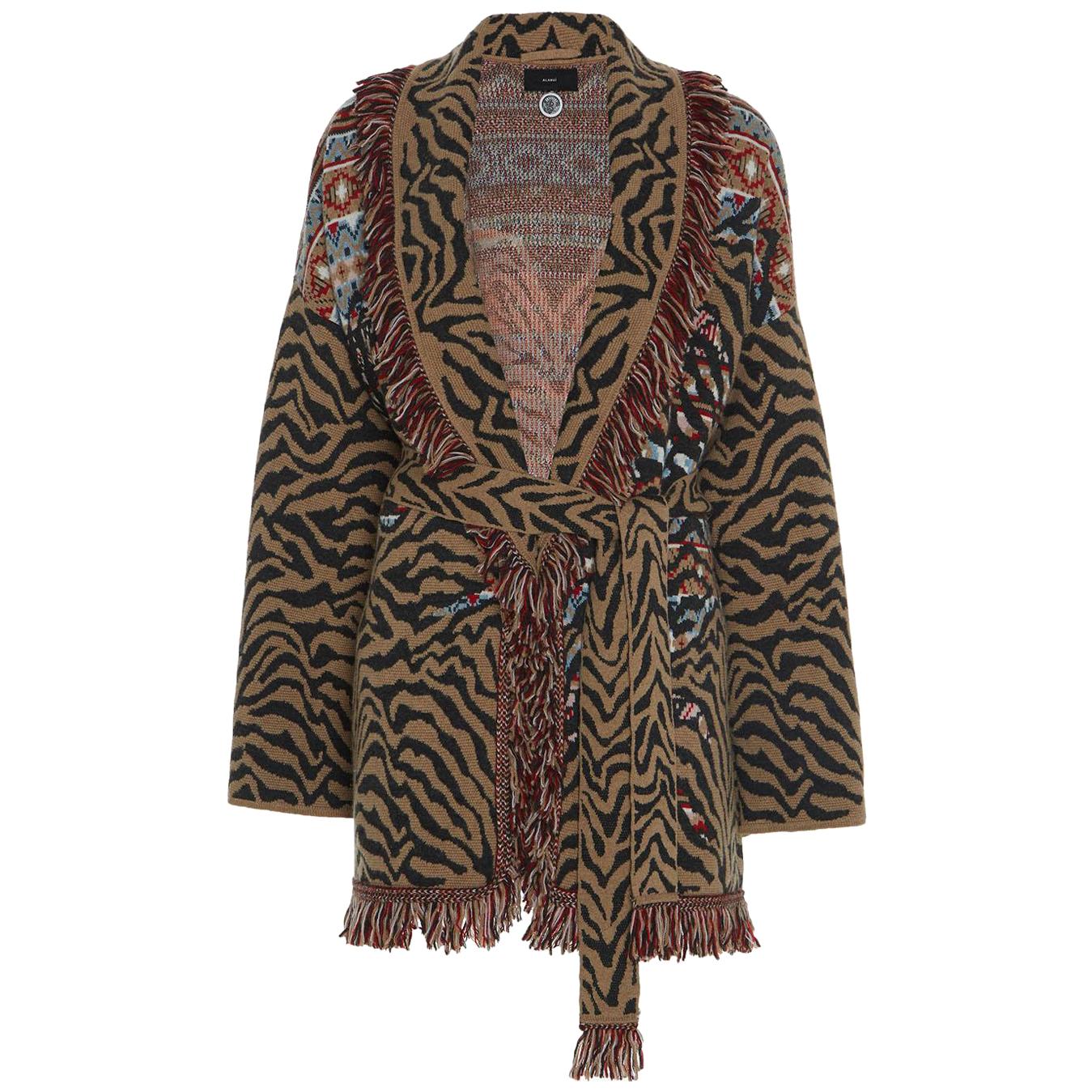 Alanui Animalier Belted Fringed Wool Blend Jacquard Cardigan